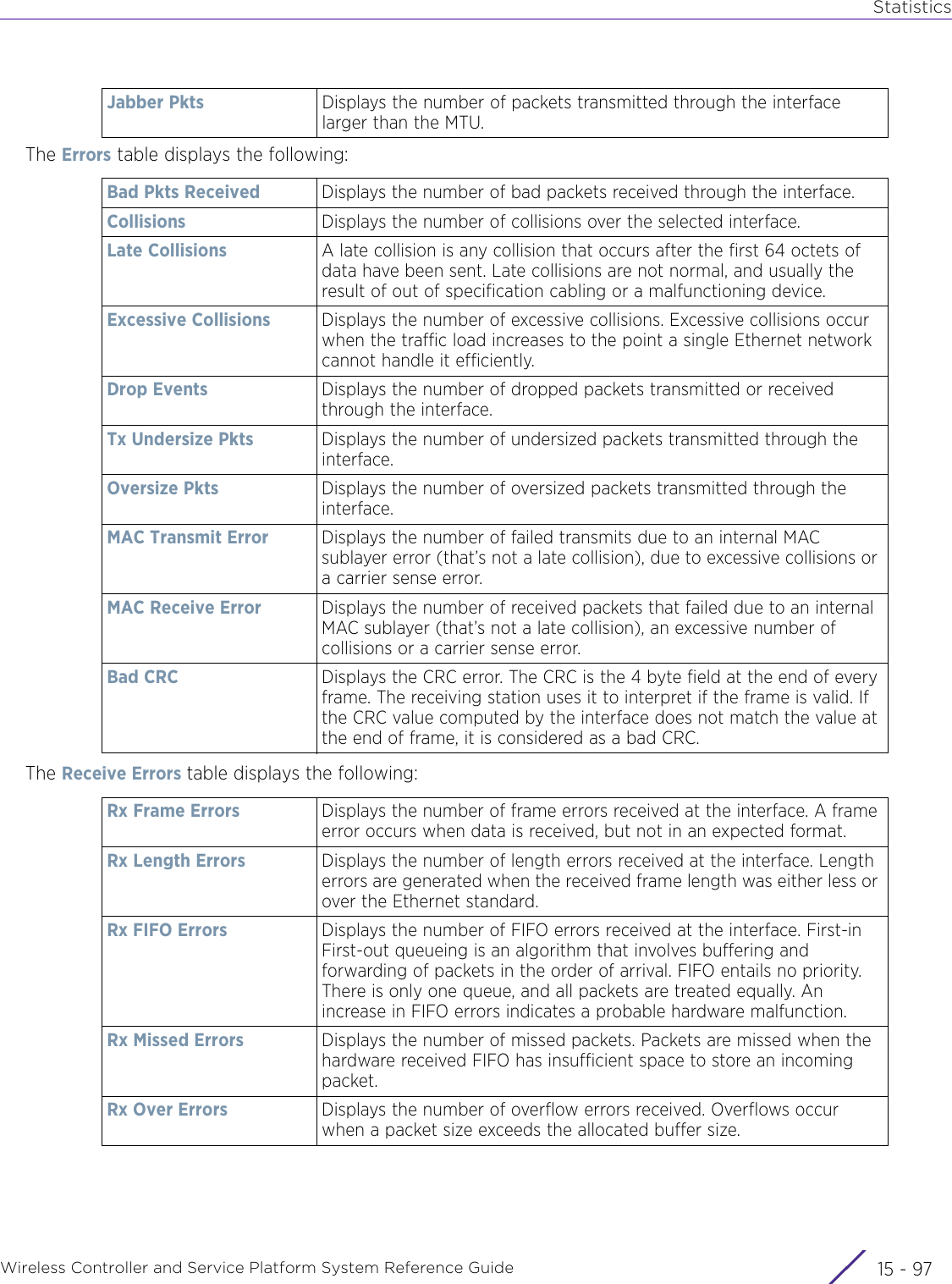 StatisticsWireless Controller and Service Platform System Reference Guide 15 - 97The Errors table displays the following:The Receive Errors table displays the following:Jabber Pkts Displays the number of packets transmitted through the interface larger than the MTU.Bad Pkts Received Displays the number of bad packets received through the interface.Collisions Displays the number of collisions over the selected interface.Late Collisions A late collision is any collision that occurs after the first 64 octets of data have been sent. Late collisions are not normal, and usually the result of out of specification cabling or a malfunctioning device.Excessive Collisions Displays the number of excessive collisions. Excessive collisions occur when the traffic load increases to the point a single Ethernet network cannot handle it efficiently. Drop Events Displays the number of dropped packets transmitted or received through the interface.Tx Undersize Pkts Displays the number of undersized packets transmitted through the interface.Oversize Pkts Displays the number of oversized packets transmitted through the interface.MAC Transmit Error Displays the number of failed transmits due to an internal MAC sublayer error (that’s not a late collision), due to excessive collisions or a carrier sense error.MAC Receive Error Displays the number of received packets that failed due to an internal MAC sublayer (that’s not a late collision), an excessive number of collisions or a carrier sense error.Bad CRC Displays the CRC error. The CRC is the 4 byte field at the end of every frame. The receiving station uses it to interpret if the frame is valid. If the CRC value computed by the interface does not match the value at the end of frame, it is considered as a bad CRC.Rx Frame Errors Displays the number of frame errors received at the interface. A frame error occurs when data is received, but not in an expected format.Rx Length Errors Displays the number of length errors received at the interface. Length errors are generated when the received frame length was either less or over the Ethernet standard.Rx FIFO Errors Displays the number of FIFO errors received at the interface. First-in First-out queueing is an algorithm that involves buffering and forwarding of packets in the order of arrival. FIFO entails no priority. There is only one queue, and all packets are treated equally. An increase in FIFO errors indicates a probable hardware malfunction.Rx Missed Errors Displays the number of missed packets. Packets are missed when the hardware received FIFO has insufficient space to store an incoming packet.Rx Over Errors Displays the number of overflow errors received. Overflows occur when a packet size exceeds the allocated buffer size.