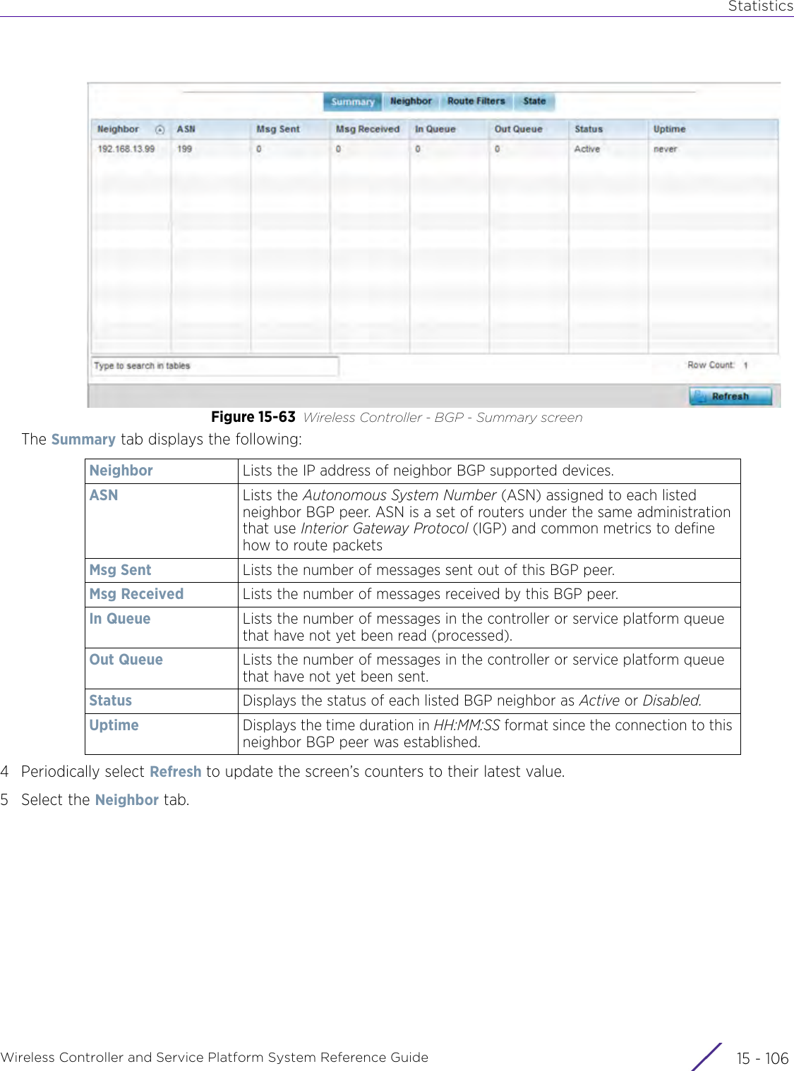 StatisticsWireless Controller and Service Platform System Reference Guide  15 - 106Figure 15-63 Wireless Controller - BGP - Summary screenThe Summary tab displays the following:4 Periodically select Refresh to update the screen’s counters to their latest value.5 Select the Neighbor tab. Neighbor Lists the IP address of neighbor BGP supported devices.ASN Lists the Autonomous System Number (ASN) assigned to each listed neighbor BGP peer. ASN is a set of routers under the same administration that use Interior Gateway Protocol (IGP) and common metrics to define how to route packetsMsg Sent Lists the number of messages sent out of this BGP peer.Msg Received Lists the number of messages received by this BGP peer.In Queue Lists the number of messages in the controller or service platform queue that have not yet been read (processed).Out Queue Lists the number of messages in the controller or service platform queue that have not yet been sent.Status Displays the status of each listed BGP neighbor as Active or Disabled.Uptime Displays the time duration in HH:MM:SS format since the connection to this neighbor BGP peer was established.