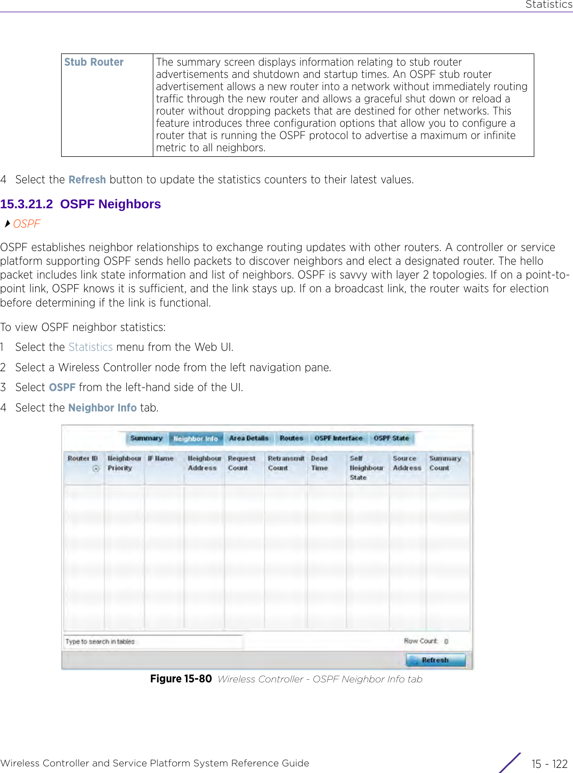 StatisticsWireless Controller and Service Platform System Reference Guide  15 - 1224 Select the Refresh button to update the statistics counters to their latest values.15.3.21.2  OSPF NeighborsOSPFOSPF establishes neighbor relationships to exchange routing updates with other routers. A controller or service platform supporting OSPF sends hello packets to discover neighbors and elect a designated router. The hello packet includes link state information and list of neighbors. OSPF is savvy with layer 2 topologies. If on a point-to-point link, OSPF knows it is sufficient, and the link stays up. If on a broadcast link, the router waits for election before determining if the link is functional.To view OSPF neighbor statistics:1 Select the Statistics menu from the Web UI.2 Select a Wireless Controller node from the left navigation pane. 3Select OSPF from the left-hand side of the UI.4 Select the Neighbor Info tab.Figure 15-80 Wireless Controller - OSPF Neighbor Info tabStub Router The summary screen displays information relating to stub router advertisements and shutdown and startup times. An OSPF stub router advertisement allows a new router into a network without immediately routing traffic through the new router and allows a graceful shut down or reload a router without dropping packets that are destined for other networks. This feature introduces three configuration options that allow you to configure a router that is running the OSPF protocol to advertise a maximum or infinite metric to all neighbors.