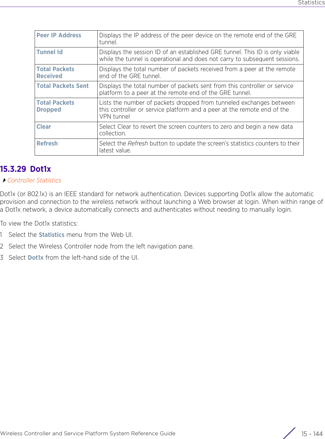 StatisticsWireless Controller and Service Platform System Reference Guide  15 - 14415.3.29  Dot1xController StatisticsDot1x (or 802.1x) is an IEEE standard for network authentication. Devices supporting Dot1x allow the automatic provision and connection to the wireless network without launching a Web browser at login. When within range of a Dot1x network, a device automatically connects and authenticates without needing to manually login.To view the Dot1x statistics:1 Select the Statistics menu from the Web UI.2 Select the Wireless Controller node from the left navigation pane. 3Select Dot1x from the left-hand side of the UI.Peer IP Address Displays the IP address of the peer device on the remote end of the GRE tunnel.Tunnel Id Displays the session ID of an established GRE tunnel. This ID is only viable while the tunnel is operational and does not carry to subsequent sessions.Total Packets ReceivedDisplays the total number of packets received from a peer at the remote end of the GRE tunnel.Total Packets Sent Displays the total number of packets sent from this controller or service platform to a peer at the remote end of the GRE tunnel.Total Packets DroppedLists the number of packets dropped from tunneled exchanges between this controller or service platform and a peer at the remote end of the VPN tunnelClear Select Clear to revert the screen counters to zero and begin a new data collection.Refresh Select the Refresh button to update the screen’s statistics counters to their latest value.