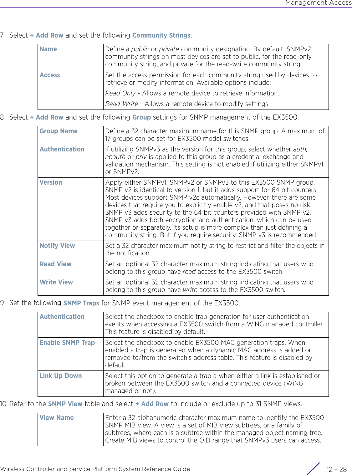 Management AccessWireless Controller and Service Platform System Reference Guide  12 - 287Select + Add Row and set the following Community Strings:8Select + Add Row and set the following Group settings for SNMP management of the EX3500:9 Set the following SNMP Traps for SNMP event management of the EX3500:10 Refer to the SNMP View table and select + Add Row to include or exclude up to 31 SNMP views.Name Define a public or private community designation. By default, SNMPv2 community strings on most devices are set to public, for the read-only community string, and private for the read-write community string.Access Set the access permission for each community string used by devices to retrieve or modify information. Available options include:Read Only - Allows a remote device to retrieve information.Read-Write - Allows a remote device to modify settings.Group Name Define a 32 character maximum name for this SNMP group. A maximum of 17 groups can be set for EX3500 model switches.Authentication If utilizing SNMPv3 as the version for this group, select whether auth, noauth or priv is applied to this group as a credential exchange and validation mechanism. This setting is not enabled if utilizing either SNMPv1 or SNMPv2. Version Apply either SNMPv1, SNMPv2 or SNMPv3 to this EX3500 SNMP group. SNMP v2 is identical to version 1, but it adds support for 64 bit counters. Most devices support SNMP v2c automatically. However, there are some devices that require you to explicitly enable v2, and that poses no risk. SNMP v3 adds security to the 64 bit counters provided with SNMP v2. SNMP v3 adds both encryption and authentication, which can be used together or separately. Its setup is more complex than just defining a community string. But if you require security, SNMP v3 is recommended.Notify View Set a 32 character maximum notify string to restrict and filter the objects in the notification. Read View Set an optional 32 character maximum string indicating that users who belong to this group have read access to the EX3500 switch.Write View Set an optional 32 character maximum string indicating that users who belong to this group have write access to the EX3500 switch.Authentication Select the checkbox to enable trap generation for user authentication events when accessing a EX3500 switch from a WiNG managed controller. This feature is disabled by default.Enable SNMP Trap Select the checkbox to enable EX3500 MAC generation traps. When enabled a trap is generated when a dynamic MAC address is added or removed to/from the switch&apos;s address table. This feature is disabled by default.Link Up Down Select this option to generate a trap a when either a link is established or broken between the EX3500 switch and a connected device (WiNG managed or not).View Name Enter a 32 alphanumeric character maximum name to identify the EX3500 SNMP MIB view. A view is a set of MIB view subtrees, or a family of subtrees, where each is a subtree within the managed object naming tree. Create MIB views to control the OID range that SNMPv3 users can access. 