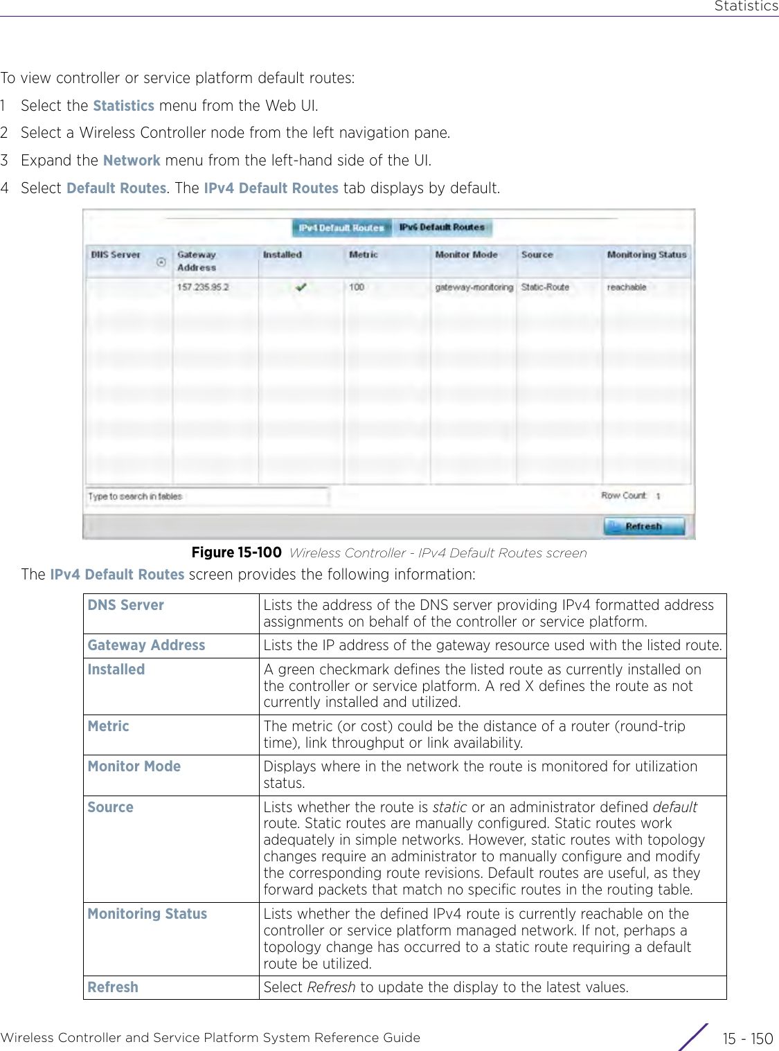 StatisticsWireless Controller and Service Platform System Reference Guide  15 - 150To view controller or service platform default routes:1 Select the Statistics menu from the Web UI.2 Select a Wireless Controller node from the left navigation pane. 3Expand the Network menu from the left-hand side of the UI.4Select Default Routes. The IPv4 Default Routes tab displays by default.Figure 15-100 Wireless Controller - IPv4 Default Routes screenThe IPv4 Default Routes screen provides the following information:DNS Server Lists the address of the DNS server providing IPv4 formatted address assignments on behalf of the controller or service platform.Gateway Address Lists the IP address of the gateway resource used with the listed route.Installed A green checkmark defines the listed route as currently installed on the controller or service platform. A red X defines the route as not currently installed and utilized.Metric The metric (or cost) could be the distance of a router (round-trip time), link throughput or link availability.Monitor Mode Displays where in the network the route is monitored for utilization status.Source Lists whether the route is static or an administrator defined default route. Static routes are manually configured. Static routes work adequately in simple networks. However, static routes with topology changes require an administrator to manually configure and modify the corresponding route revisions. Default routes are useful, as they forward packets that match no specific routes in the routing table. Monitoring Status Lists whether the defined IPv4 route is currently reachable on the controller or service platform managed network. If not, perhaps a topology change has occurred to a static route requiring a default route be utilized.Refresh Select Refresh to update the display to the latest values.