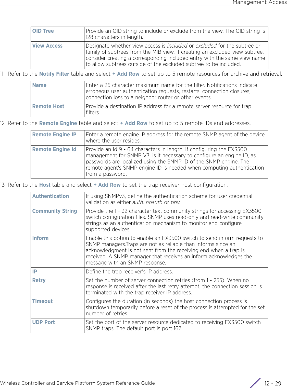 Management AccessWireless Controller and Service Platform System Reference Guide 12 - 2911 Refer to the Notify Filter table and select + Add Row to set up to 5 remote resources for archive and retrieval.12 Refer to the Remote Engine table and select + Add Row to set up to 5 remote IDs and addresses.13 Refer to the Host table and select + Add Row to set the trap receiver host configuration.OID Tree Provide an OID string to include or exclude from the view. The OID string is 128 characters in length.View Access Designate whether view access is included or excluded for the subtree or family of subtrees from the MIB view. If creating an excluded view subtree, consider creating a corresponding included entry with the same view name to allow subtrees outside of the excluded subtree to be included.Name Enter a 26 character maximum name for the filter. Notifications indicate erroneous user authentication requests, restarts, connection closures, connection loss to a neighbor router or other events.Remote Host Provide a destination IP address for a remote server resource for trap filters.Remote Engine IP Enter a remote engine IP address for the remote SNMP agent of the device where the user resides.Remote Engine Id Provide an Id 9 - 64 characters in length. If configuring the EX3500 management for SNMP V3, is it necessary to configure an engine ID, as passwords are localized using the SNMP ID of the SNMP engine. The remote agent&apos;s SNMP engine ID is needed when computing authentication from a password.Authentication If using SNMPv3, define the authentication scheme for user credential validation as either auth, noauth or priv. Community String Provide the 1 - 32 character text community strings for accessing EX3500 switch configuration files. SNMP uses read-only and read-write community strings as an authentication mechanism to monitor and configure supported devices.Inform Enable this option to enable an EX3500 switch to send inform requests to SNMP managers.Traps are not as reliable than informs since an acknowledgment is not sent from the receiving end when a trap is received. A SNMP manager that receives an inform acknowledges the message with an SNMP response.IP Define the trap receiver’s IP address.Retry  Set the number of server connection retries (from 1 - 255). When no response is received after the last retry attempt, the connection session is terminated with the trap receiver IP address.Timeout Configures the duration (in seconds) the host connection process is shutdown temporarily before a reset of the process is attempted for the set number of retries. UDP Port Set the port of the server resource dedicated to receiving EX3500 switch SNMP traps. The default port is port 162.