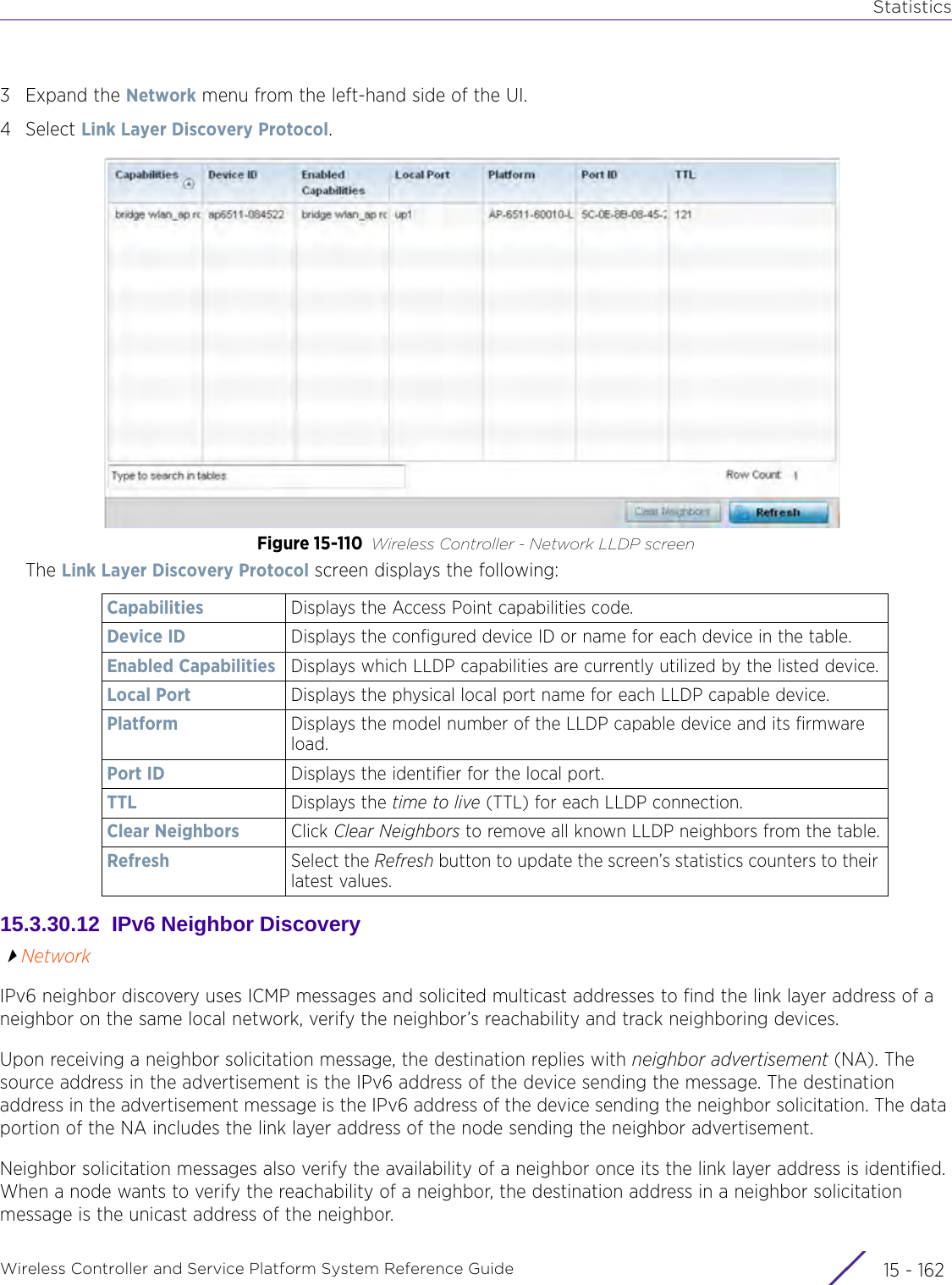 StatisticsWireless Controller and Service Platform System Reference Guide  15 - 1623Expand the Network menu from the left-hand side of the UI. 4Select Link Layer Discovery Protocol. Figure 15-110 Wireless Controller - Network LLDP screenThe Link Layer Discovery Protocol screen displays the following:15.3.30.12  IPv6 Neighbor DiscoveryNetworkIPv6 neighbor discovery uses ICMP messages and solicited multicast addresses to find the link layer address of a neighbor on the same local network, verify the neighbor’s reachability and track neighboring devices. Upon receiving a neighbor solicitation message, the destination replies with neighbor advertisement (NA). The source address in the advertisement is the IPv6 address of the device sending the message. The destination address in the advertisement message is the IPv6 address of the device sending the neighbor solicitation. The data portion of the NA includes the link layer address of the node sending the neighbor advertisement.Neighbor solicitation messages also verify the availability of a neighbor once its the link layer address is identified. When a node wants to verify the reachability of a neighbor, the destination address in a neighbor solicitation message is the unicast address of the neighbor.Capabilities Displays the Access Point capabilities code.Device ID Displays the configured device ID or name for each device in the table.Enabled Capabilities Displays which LLDP capabilities are currently utilized by the listed device.Local Port Displays the physical local port name for each LLDP capable device.Platform Displays the model number of the LLDP capable device and its firmware load.Port ID Displays the identifier for the local port.TTL Displays the time to live (TTL) for each LLDP connection.Clear Neighbors Click Clear Neighbors to remove all known LLDP neighbors from the table.Refresh Select the Refresh button to update the screen’s statistics counters to their latest values.