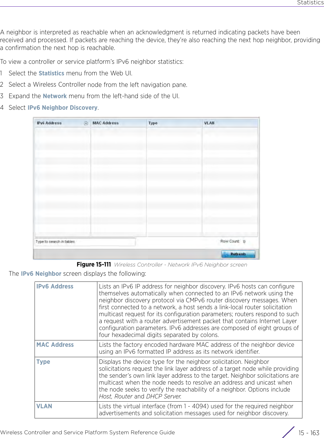 StatisticsWireless Controller and Service Platform System Reference Guide 15 - 163A neighbor is interpreted as reachable when an acknowledgment is returned indicating packets have been received and processed. If packets are reaching the device, they’re also reaching the next hop neighbor, providing a confirmation the next hop is reachable. To view a controller or service platform’s IPv6 neighbor statistics:1 Select the Statistics menu from the Web UI.2 Select a Wireless Controller node from the left navigation pane. 3Expand the Network menu from the left-hand side of the UI. 4Select IPv6 Neighbor Discovery. Figure 15-111 Wireless Controller - Network IPv6 Neighbor screenThe IPv6 Neighbor screen displays the following:IPv6 Address Lists an IPv6 IP address for neighbor discovery. IPv6 hosts can configure themselves automatically when connected to an IPv6 network using the neighbor discovery protocol via CMPv6 router discovery messages. When first connected to a network, a host sends a link-local router solicitation multicast request for its configuration parameters; routers respond to such a request with a router advertisement packet that contains Internet Layer configuration parameters. IPv6 addresses are composed of eight groups of four hexadecimal digits separated by colons.MAC Address Lists the factory encoded hardware MAC address of the neighbor device using an IPv6 formatted IP address as its network identifier.Type Displays the device type for the neighbor solicitation. Neighbor solicitations request the link layer address of a target node while providing the sender’s own link layer address to the target. Neighbor solicitations are multicast when the node needs to resolve an address and unicast when the node seeks to verify the reachability of a neighbor. Options include Host, Router and DHCP Server.VLAN Lists the virtual interface (from 1 - 4094) used for the required neighbor advertisements and solicitation messages used for neighbor discovery.