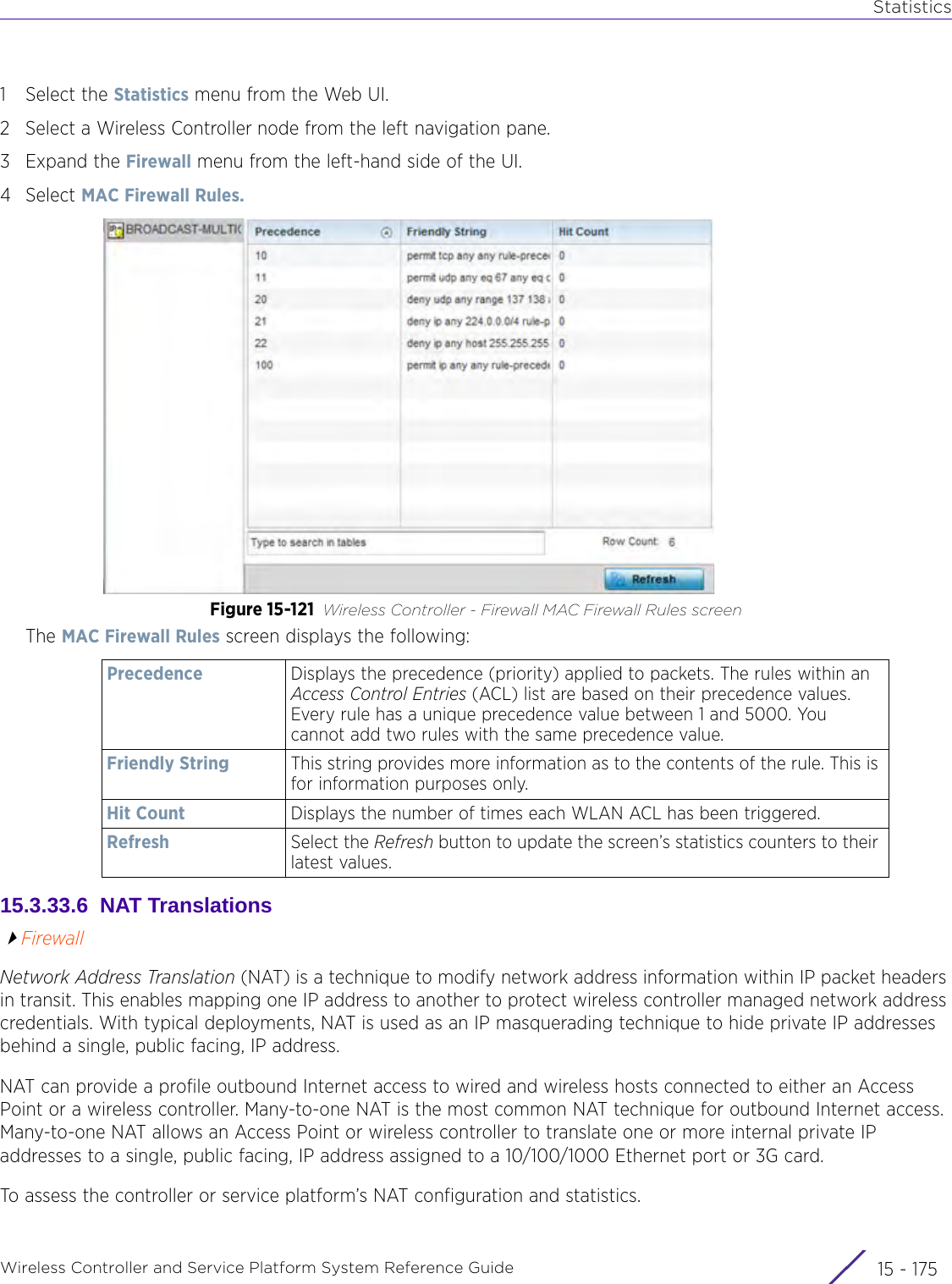 StatisticsWireless Controller and Service Platform System Reference Guide 15 - 1751 Select the Statistics menu from the Web UI. 2 Select a Wireless Controller node from the left navigation pane. 3Expand the Firewall menu from the left-hand side of the UI. 4Select MAC Firewall Rules. Figure 15-121 Wireless Controller - Firewall MAC Firewall Rules screenThe MAC Firewall Rules screen displays the following: 15.3.33.6  NAT TranslationsFirewallNetwork Address Translation (NAT) is a technique to modify network address information within IP packet headers in transit. This enables mapping one IP address to another to protect wireless controller managed network address credentials. With typical deployments, NAT is used as an IP masquerading technique to hide private IP addresses behind a single, public facing, IP address.NAT can provide a profile outbound Internet access to wired and wireless hosts connected to either an Access Point or a wireless controller. Many-to-one NAT is the most common NAT technique for outbound Internet access. Many-to-one NAT allows an Access Point or wireless controller to translate one or more internal private IP addresses to a single, public facing, IP address assigned to a 10/100/1000 Ethernet port or 3G card.To assess the controller or service platform’s NAT configuration and statistics.Precedence Displays the precedence (priority) applied to packets. The rules within an Access Control Entries (ACL) list are based on their precedence values. Every rule has a unique precedence value between 1 and 5000. You cannot add two rules with the same precedence value.Friendly String This string provides more information as to the contents of the rule. This is for information purposes only.Hit Count Displays the number of times each WLAN ACL has been triggered.Refresh Select the Refresh button to update the screen’s statistics counters to their latest values.