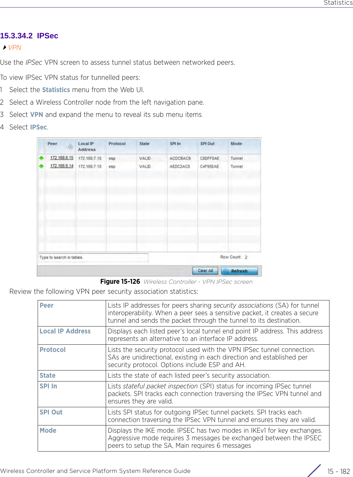 StatisticsWireless Controller and Service Platform System Reference Guide  15 - 18215.3.34.2  IPSecVPNUse the IPSec VPN screen to assess tunnel status between networked peers.To view IPSec VPN status for tunnelled peers:1 Select the Statistics menu from the Web UI.2 Select a Wireless Controller node from the left navigation pane.3Select VPN and expand the menu to reveal its sub menu items.4Select IPSec.Figure 15-126 Wireless Controller - VPN IPSec screenReview the following VPN peer security association statistics:Peer Lists IP addresses for peers sharing security associations (SA) for tunnel interoperability. When a peer sees a sensitive packet, it creates a secure tunnel and sends the packet through the tunnel to its destination.Local IP Address Displays each listed peer’s local tunnel end point IP address. This address represents an alternative to an interface IP address.Protocol Lists the security protocol used with the VPN IPSec tunnel connection. SAs are unidirectional, existing in each direction and established per security protocol. Options include ESP and AH.State Lists the state of each listed peer’s security association.SPI In Lists stateful packet inspection (SPI) status for incoming IPSec tunnel packets. SPI tracks each connection traversing the IPSec VPN tunnel and ensures they are valid.SPI Out Lists SPI status for outgoing IPSec tunnel packets. SPI tracks each connection traversing the IPSec VPN tunnel and ensures they are valid.Mode Displays the IKE mode. IPSEC has two modes in IKEv1 for key exchanges. Aggressive mode requires 3 messages be exchanged between the IPSEC peers to setup the SA, Main requires 6 messages