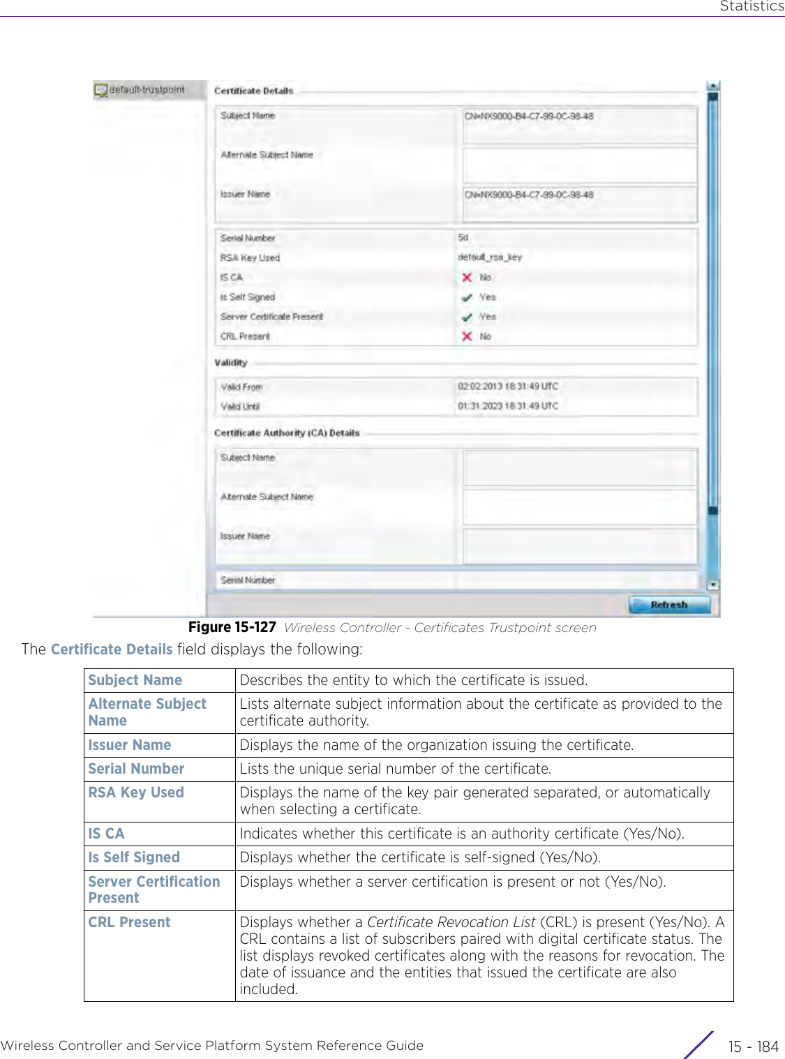 StatisticsWireless Controller and Service Platform System Reference Guide  15 - 184Figure 15-127 Wireless Controller - Certificates Trustpoint screenThe Certificate Details field displays the following:Subject Name Describes the entity to which the certificate is issued.Alternate Subject NameLists alternate subject information about the certificate as provided to the certificate authority.Issuer Name Displays the name of the organization issuing the certificate.Serial Number Lists the unique serial number of the certificate.RSA Key Used Displays the name of the key pair generated separated, or automatically when selecting a certificate. IS CA Indicates whether this certificate is an authority certificate (Yes/No).Is Self Signed Displays whether the certificate is self-signed (Yes/No).Server Certification PresentDisplays whether a server certification is present or not (Yes/No).CRL Present Displays whether a Certificate Revocation List (CRL) is present (Yes/No). A CRL contains a list of subscribers paired with digital certificate status. The list displays revoked certificates along with the reasons for revocation. The date of issuance and the entities that issued the certificate are also included.