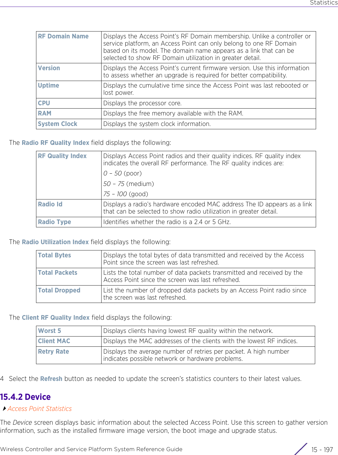 StatisticsWireless Controller and Service Platform System Reference Guide 15 - 197The Radio RF Quality Index field displays the following:The Radio Utilization Index field displays the following:The Client RF Quality Index field displays the following:4 Select the Refresh button as needed to update the screen’s statistics counters to their latest values.15.4.2 DeviceAccess Point StatisticsThe Device screen displays basic information about the selected Access Point. Use this screen to gather version information, such as the installed firmware image version, the boot image and upgrade status.RF Domain Name Displays the Access Point’s RF Domain membership. Unlike a controller or service platform, an Access Point can only belong to one RF Domain based on its model. The domain name appears as a link that can be selected to show RF Domain utilization in greater detail.Version Displays the Access Point’s current firmware version. Use this information to assess whether an upgrade is required for better compatibility.Uptime Displays the cumulative time since the Access Point was last rebooted or lost power.CPU Displays the processor core.RAM Displays the free memory available with the RAM.System Clock Displays the system clock information.RF Quality Index Displays Access Point radios and their quality indices. RF quality index indicates the overall RF performance. The RF quality indices are: 0 – 50 (poor)50 – 75 (medium)75 – 100 (good)Radio Id Displays a radio’s hardware encoded MAC address The ID appears as a link that can be selected to show radio utilization in greater detail.Radio Type Identifies whether the radio is a 2.4 or 5 GHz.Total Bytes Displays the total bytes of data transmitted and received by the Access Point since the screen was last refreshed.Total Packets Lists the total number of data packets transmitted and received by the Access Point since the screen was last refreshed.Total Dropped List the number of dropped data packets by an Access Point radio since the screen was last refreshed.Worst 5 Displays clients having lowest RF quality within the network.Client MAC Displays the MAC addresses of the clients with the lowest RF indices.Retry Rate Displays the average number of retries per packet. A high number indicates possible network or hardware problems.