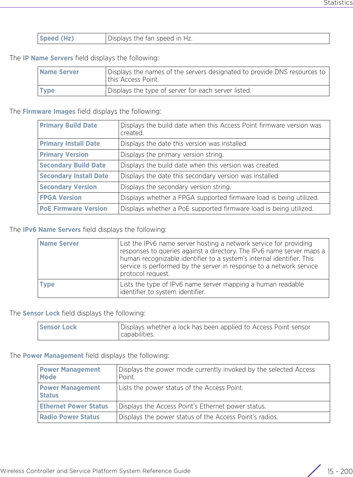StatisticsWireless Controller and Service Platform System Reference Guide  15 - 200The IP Name Servers field displays the following:The Firmware Images field displays the following:The IPv6 Name Servers field displays the following:The Sensor Lock field displays the following:The Power Management field displays the following:Speed (Hz) Displays the fan speed in Hz. Name Server Displays the names of the servers designated to provide DNS resources to this Access Point.Type Displays the type of server for each server listed. Primary Build Date Displays the build date when this Access Point firmware version was created.Primary Install Date Displays the date this version was installed. Primary Version Displays the primary version string.Secondary Build Date Displays the build date when this version was created.Secondary Install Date Displays the date this secondary version was installed. Secondary Version Displays the secondary version string.FPGA Version Displays whether a FPGA supported firmware load is being utilized.PoE Firmware Version Displays whether a PoE supported firmware load is being utilized.Name Server List the IPv6 name server hosting a network service for providing responses to queries against a directory. The IPv6 name server maps a human recognizable identifier to a system’s internal identifier. This service is performed by the server in response to a network service protocol request.Type Lists the type of IPv6 name server mapping a human readable identifier to system identifier.Sensor Lock Displays whether a lock has been applied to Access Point sensor capabilities.Power Management ModeDisplays the power mode currently invoked by the selected Access Point.Power Management StatusLists the power status of the Access Point.Ethernet Power Status Displays the Access Point’s Ethernet power status.Radio Power Status Displays the power status of the Access Point’s radios.