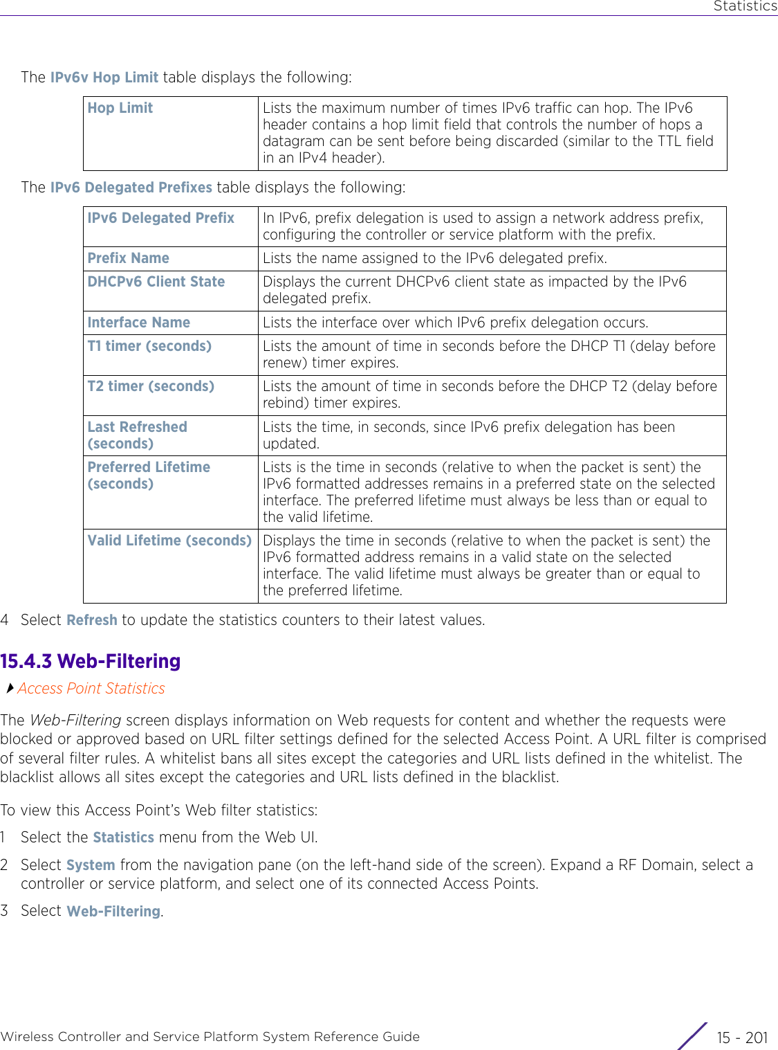 StatisticsWireless Controller and Service Platform System Reference Guide 15 - 201The IPv6v Hop Limit table displays the following:The IPv6 Delegated Prefixes table displays the following:4Select Refresh to update the statistics counters to their latest values.15.4.3 Web-FilteringAccess Point StatisticsThe Web-Filtering screen displays information on Web requests for content and whether the requests were blocked or approved based on URL filter settings defined for the selected Access Point. A URL filter is comprised of several filter rules. A whitelist bans all sites except the categories and URL lists defined in the whitelist. The blacklist allows all sites except the categories and URL lists defined in the blacklist.To view this Access Point’s Web filter statistics:1 Select the Statistics menu from the Web UI.2Select System from the navigation pane (on the left-hand side of the screen). Expand a RF Domain, select a controller or service platform, and select one of its connected Access Points.3Select Web-Filtering.Hop Limit Lists the maximum number of times IPv6 traffic can hop. The IPv6 header contains a hop limit field that controls the number of hops a datagram can be sent before being discarded (similar to the TTL field in an IPv4 header). IPv6 Delegated Prefix In IPv6, prefix delegation is used to assign a network address prefix, configuring the controller or service platform with the prefix.Prefix Name Lists the name assigned to the IPv6 delegated prefix.DHCPv6 Client State Displays the current DHCPv6 client state as impacted by the IPv6 delegated prefix.Interface Name Lists the interface over which IPv6 prefix delegation occurs.T1 timer (seconds) Lists the amount of time in seconds before the DHCP T1 (delay before renew) timer expires.T2 timer (seconds) Lists the amount of time in seconds before the DHCP T2 (delay before rebind) timer expires.Last Refreshed (seconds)Lists the time, in seconds, since IPv6 prefix delegation has been updated. Preferred Lifetime (seconds)Lists is the time in seconds (relative to when the packet is sent) the IPv6 formatted addresses remains in a preferred state on the selected interface. The preferred lifetime must always be less than or equal to the valid lifetime.Valid Lifetime (seconds) Displays the time in seconds (relative to when the packet is sent) the IPv6 formatted address remains in a valid state on the selected interface. The valid lifetime must always be greater than or equal to the preferred lifetime.