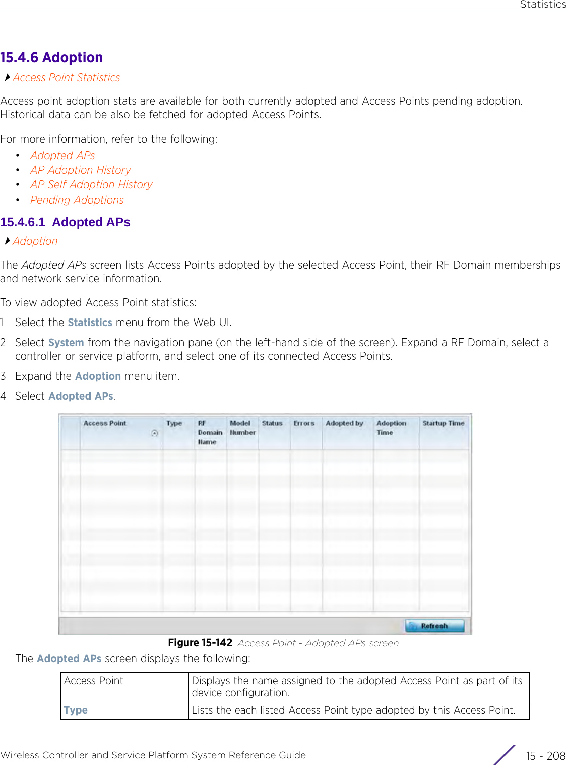 StatisticsWireless Controller and Service Platform System Reference Guide  15 - 20815.4.6 AdoptionAccess Point StatisticsAccess point adoption stats are available for both currently adopted and Access Points pending adoption. Historical data can be also be fetched for adopted Access Points.For more information, refer to the following:•Adopted APs•AP Adoption History•AP Self Adoption History•Pending Adoptions15.4.6.1  Adopted APsAdoptionThe Adopted APs screen lists Access Points adopted by the selected Access Point, their RF Domain memberships and network service information.To view adopted Access Point statistics:1 Select the Statistics menu from the Web UI.2Select System from the navigation pane (on the left-hand side of the screen). Expand a RF Domain, select a controller or service platform, and select one of its connected Access Points.3Expand the Adoption menu item.4Select Adopted APs.Figure 15-142 Access Point - Adopted APs screenThe Adopted APs screen displays the following:Access Point Displays the name assigned to the adopted Access Point as part of its device configuration.Type Lists the each listed Access Point type adopted by this Access Point.