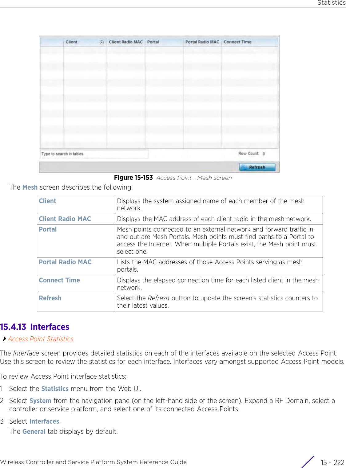 StatisticsWireless Controller and Service Platform System Reference Guide  15 - 222Figure 15-153 Access Point - Mesh screenThe Mesh screen describes the following:15.4.13  InterfacesAccess Point StatisticsThe Interface screen provides detailed statistics on each of the interfaces available on the selected Access Point. Use this screen to review the statistics for each interface. Interfaces vary amongst supported Access Point models.To review Access Point interface statistics:1 Select the Statistics menu from the Web UI.2Select System from the navigation pane (on the left-hand side of the screen). Expand a RF Domain, select a controller or service platform, and select one of its connected Access Points.3Select Interfaces.The General tab displays by default.Client  Displays the system assigned name of each member of the mesh network.Client Radio MAC Displays the MAC address of each client radio in the mesh network.Portal Mesh points connected to an external network and forward traffic in and out are Mesh Portals. Mesh points must find paths to a Portal to access the Internet. When multiple Portals exist, the Mesh point must select one.Portal Radio MAC Lists the MAC addresses of those Access Points serving as mesh portals.Connect Time Displays the elapsed connection time for each listed client in the mesh network.Refresh Select the Refresh button to update the screen’s statistics counters to their latest values.