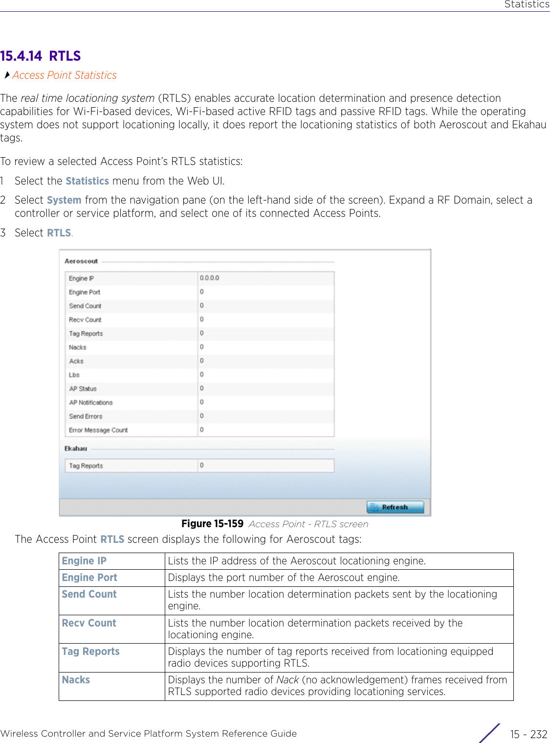 StatisticsWireless Controller and Service Platform System Reference Guide  15 - 23215.4.14  RTLSAccess Point StatisticsThe real time locationing system (RTLS) enables accurate location determination and presence detection capabilities for Wi-Fi-based devices, Wi-Fi-based active RFID tags and passive RFID tags. While the operating system does not support locationing locally, it does report the locationing statistics of both Aeroscout and Ekahau tags.To review a selected Access Point’s RTLS statistics:1 Select the Statistics menu from the Web UI.2Select System from the navigation pane (on the left-hand side of the screen). Expand a RF Domain, select a controller or service platform, and select one of its connected Access Points.3Select RTLS.Figure 15-159 Access Point - RTLS screenThe Access Point RTLS screen displays the following for Aeroscout tags: Engine IP Lists the IP address of the Aeroscout locationing engine.Engine Port Displays the port number of the Aeroscout engine.Send Count Lists the number location determination packets sent by the locationing engine.Recv Count Lists the number location determination packets received by the locationing engine.Tag Reports Displays the number of tag reports received from locationing equipped radio devices supporting RTLS.Nacks Displays the number of Nack (no acknowledgement) frames received from RTLS supported radio devices providing locationing services.