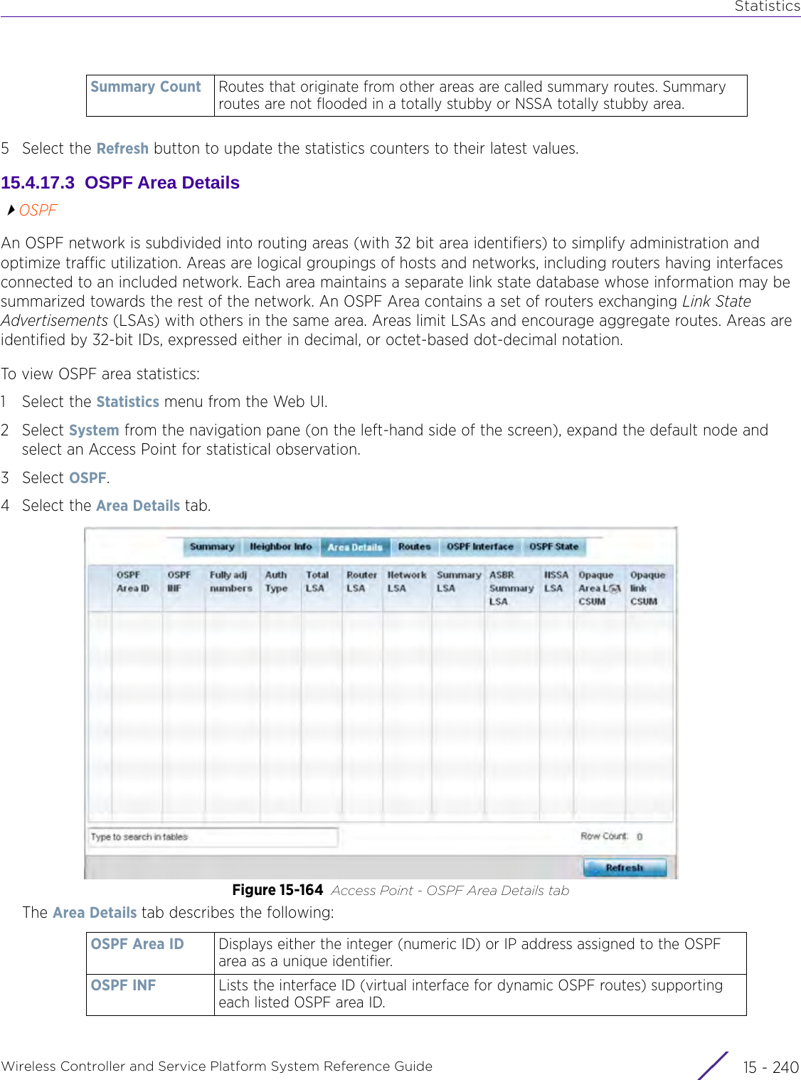 StatisticsWireless Controller and Service Platform System Reference Guide  15 - 2405 Select the Refresh button to update the statistics counters to their latest values.15.4.17.3  OSPF Area DetailsOSPFAn OSPF network is subdivided into routing areas (with 32 bit area identifiers) to simplify administration and optimize traffic utilization. Areas are logical groupings of hosts and networks, including routers having interfaces connected to an included network. Each area maintains a separate link state database whose information may be summarized towards the rest of the network. An OSPF Area contains a set of routers exchanging Link State Advertisements (LSAs) with others in the same area. Areas limit LSAs and encourage aggregate routes. Areas are identified by 32-bit IDs, expressed either in decimal, or octet-based dot-decimal notation. To view OSPF area statistics:1 Select the Statistics menu from the Web UI.2Select System from the navigation pane (on the left-hand side of the screen), expand the default node and select an Access Point for statistical observation.3Select OSPF. 4 Select the Area Details tab.Figure 15-164 Access Point - OSPF Area Details tabThe Area Details tab describes the following:Summary Count Routes that originate from other areas are called summary routes. Summary routes are not flooded in a totally stubby or NSSA totally stubby area.OSPF Area ID Displays either the integer (numeric ID) or IP address assigned to the OSPF area as a unique identifier.OSPF INF Lists the interface ID (virtual interface for dynamic OSPF routes) supporting each listed OSPF area ID.