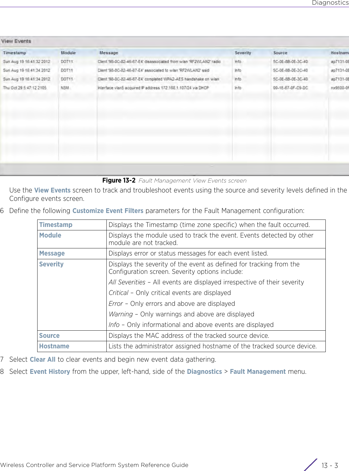 DiagnosticsWireless Controller and Service Platform System Reference Guide 13 - 3Figure 13-2 Fault Management View Events screenUse the View Events screen to track and troubleshoot events using the source and severity levels defined in the Configure events screen. 6 Define the following Customize Event Filters parameters for the Fault Management configuration:7Select Clear All to clear events and begin new event data gathering.8Select Event History from the upper, left-hand, side of the Diagnostics &gt; Fault Management menu.Timestamp Displays the Timestamp (time zone specific) when the fault occurred.Module Displays the module used to track the event. Events detected by other module are not tracked.Message Displays error or status messages for each event listed.Severity Displays the severity of the event as defined for tracking from the Configuration screen. Severity options include:All Severities – All events are displayed irrespective of their severityCritical – Only critical events are displayedError – Only errors and above are displayedWarning – Only warnings and above are displayedInfo – Only informational and above events are displayedSource Displays the MAC address of the tracked source device.Hostname Lists the administrator assigned hostname of the tracked source device.