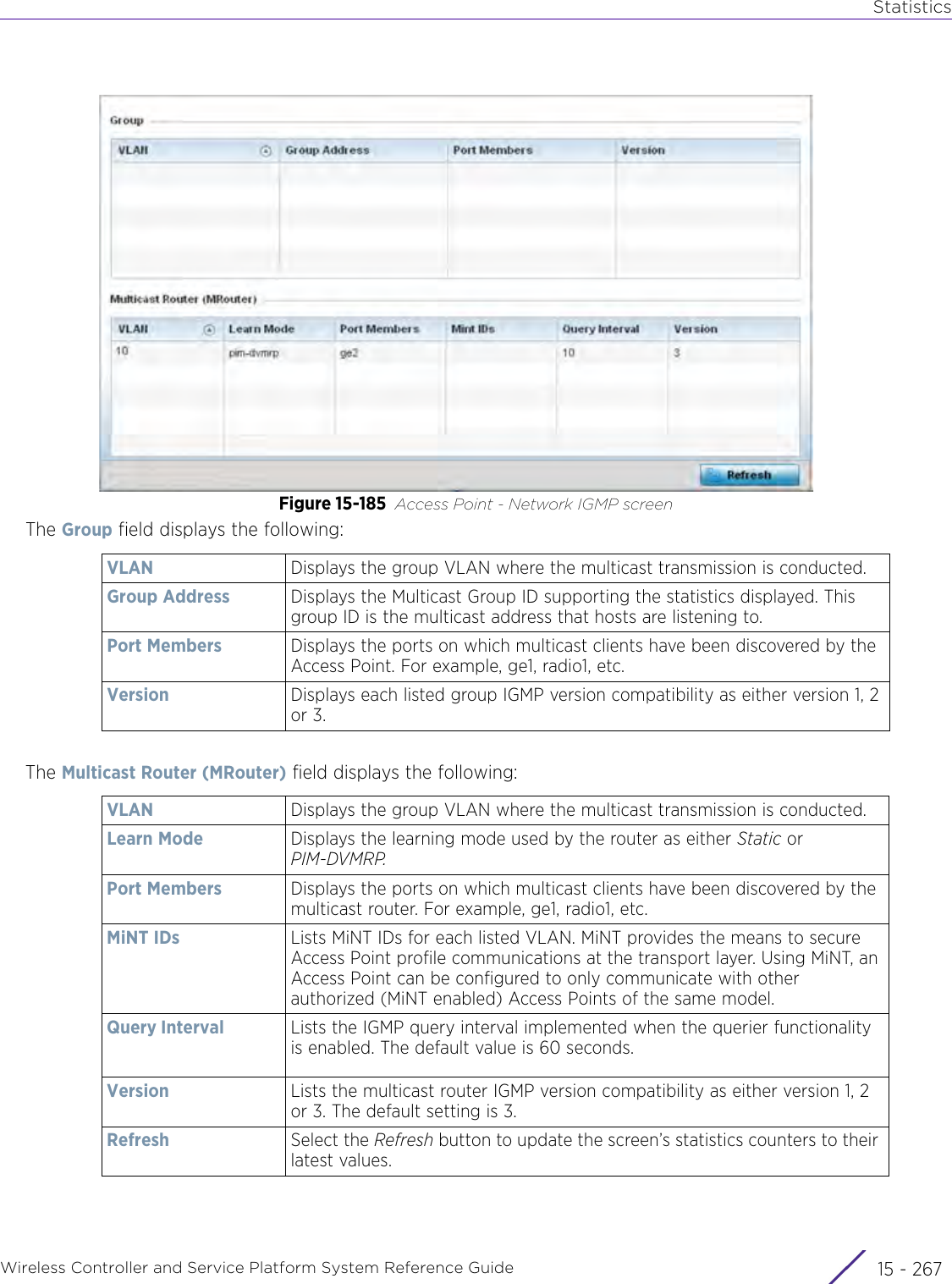StatisticsWireless Controller and Service Platform System Reference Guide 15 - 267Figure 15-185 Access Point - Network IGMP screenThe Group field displays the following:The Multicast Router (MRouter) field displays the following:VLAN Displays the group VLAN where the multicast transmission is conducted.Group Address Displays the Multicast Group ID supporting the statistics displayed. This group ID is the multicast address that hosts are listening to.Port Members Displays the ports on which multicast clients have been discovered by the Access Point. For example, ge1, radio1, etc.Version Displays each listed group IGMP version compatibility as either version 1, 2 or 3.VLAN Displays the group VLAN where the multicast transmission is conducted.Learn Mode Displays the learning mode used by the router as either Static or PIM-DVMRP. Port Members Displays the ports on which multicast clients have been discovered by the multicast router. For example, ge1, radio1, etc. MiNT IDs Lists MiNT IDs for each listed VLAN. MiNT provides the means to secure Access Point profile communications at the transport layer. Using MiNT, an Access Point can be configured to only communicate with other authorized (MiNT enabled) Access Points of the same model. Query Interval Lists the IGMP query interval implemented when the querier functionality is enabled. The default value is 60 seconds.Version Lists the multicast router IGMP version compatibility as either version 1, 2 or 3. The default setting is 3.Refresh Select the Refresh button to update the screen’s statistics counters to their latest values.