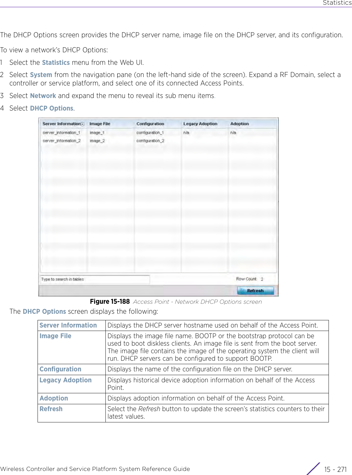 StatisticsWireless Controller and Service Platform System Reference Guide 15 - 271The DHCP Options screen provides the DHCP server name, image file on the DHCP server, and its configuration.To view a network’s DHCP Options:1 Select the Statistics menu from the Web UI.2Select System from the navigation pane (on the left-hand side of the screen). Expand a RF Domain, select a controller or service platform, and select one of its connected Access Points.3Select Network and expand the menu to reveal its sub menu items.4Select DHCP Options.Figure 15-188 Access Point - Network DHCP Options screenThe DHCP Options screen displays the following:Server Information Displays the DHCP server hostname used on behalf of the Access Point.Image File Displays the image file name. BOOTP or the bootstrap protocol can be used to boot diskless clients. An image file is sent from the boot server. The image file contains the image of the operating system the client will run. DHCP servers can be configured to support BOOTP.Configuration Displays the name of the configuration file on the DHCP server.Legacy Adoption Displays historical device adoption information on behalf of the Access Point.Adoption Displays adoption information on behalf of the Access Point.Refresh Select the Refresh button to update the screen’s statistics counters to their latest values.