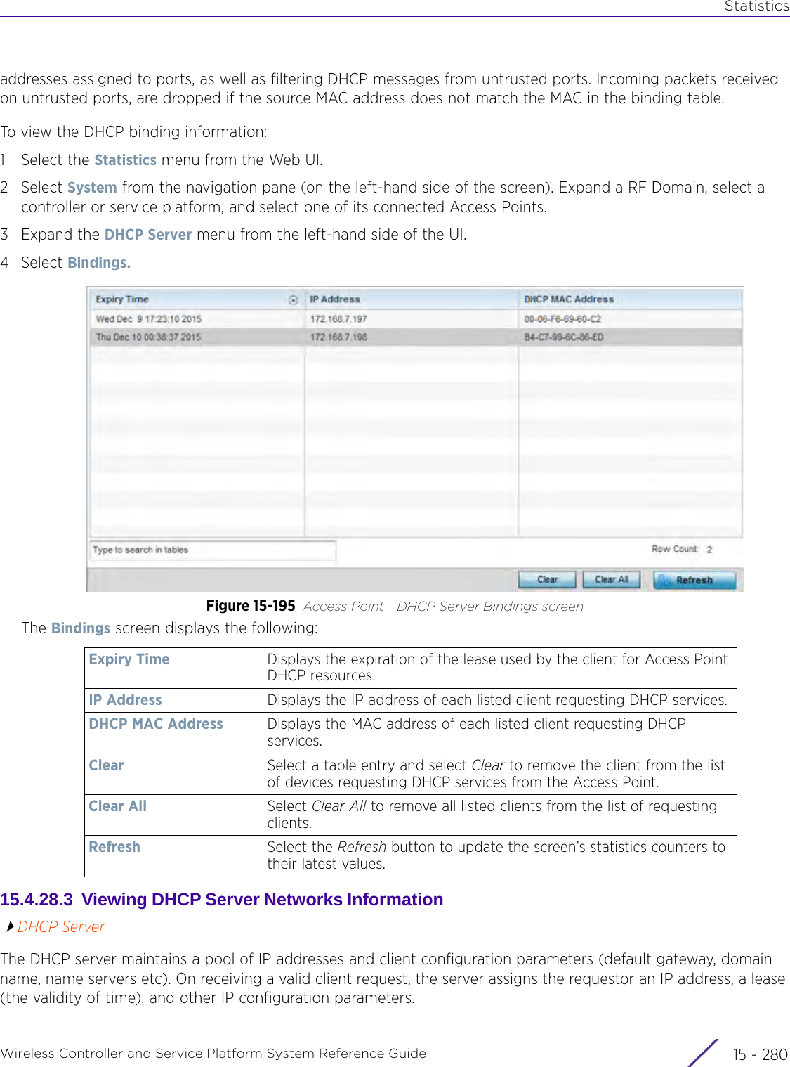 StatisticsWireless Controller and Service Platform System Reference Guide  15 - 280addresses assigned to ports, as well as filtering DHCP messages from untrusted ports. Incoming packets received on untrusted ports, are dropped if the source MAC address does not match the MAC in the binding table.To view the DHCP binding information:1 Select the Statistics menu from the Web UI.2Select System from the navigation pane (on the left-hand side of the screen). Expand a RF Domain, select a controller or service platform, and select one of its connected Access Points. 3Expand the DHCP Server menu from the left-hand side of the UI. 4Select Bindings. Figure 15-195 Access Point - DHCP Server Bindings screenThe Bindings screen displays the following:15.4.28.3  Viewing DHCP Server Networks Information DHCP ServerThe DHCP server maintains a pool of IP addresses and client configuration parameters (default gateway, domain name, name servers etc). On receiving a valid client request, the server assigns the requestor an IP address, a lease (the validity of time), and other IP configuration parameters. Expiry Time Displays the expiration of the lease used by the client for Access Point DHCP resources. IP Address Displays the IP address of each listed client requesting DHCP services.DHCP MAC Address Displays the MAC address of each listed client requesting DHCP services.Clear Select a table entry and select Clear to remove the client from the list of devices requesting DHCP services from the Access Point.Clear All Select Clear All to remove all listed clients from the list of requesting clients.Refresh Select the Refresh button to update the screen’s statistics counters to their latest values.