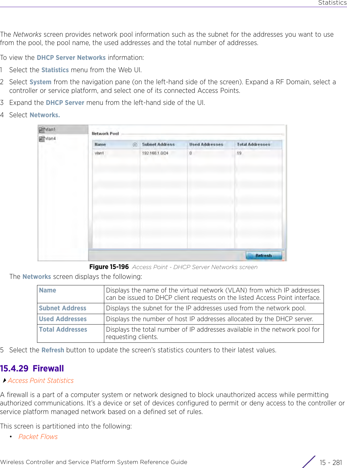 StatisticsWireless Controller and Service Platform System Reference Guide 15 - 281The Networks screen provides network pool information such as the subnet for the addresses you want to use from the pool, the pool name, the used addresses and the total number of addresses.To view the DHCP Server Networks information:1 Select the Statistics menu from the Web UI.2Select System from the navigation pane (on the left-hand side of the screen). Expand a RF Domain, select a controller or service platform, and select one of its connected Access Points. 3Expand the DHCP Server menu from the left-hand side of the UI. 4Select Networks. Figure 15-196 Access Point - DHCP Server Networks screenThe Networks screen displays the following:5 Select the Refresh button to update the screen’s statistics counters to their latest values.15.4.29  FirewallAccess Point StatisticsA firewall is a part of a computer system or network designed to block unauthorized access while permitting authorized communications. It’s a device or set of devices configured to permit or deny access to the controller or service platform managed network based on a defined set of rules.This screen is partitioned into the following:•Packet FlowsName Displays the name of the virtual network (VLAN) from which IP addresses can be issued to DHCP client requests on the listed Access Point interface.Subnet Address Displays the subnet for the IP addresses used from the network pool.Used Addresses Displays the number of host IP addresses allocated by the DHCP server. Total Addresses Displays the total number of IP addresses available in the network pool for requesting clients.