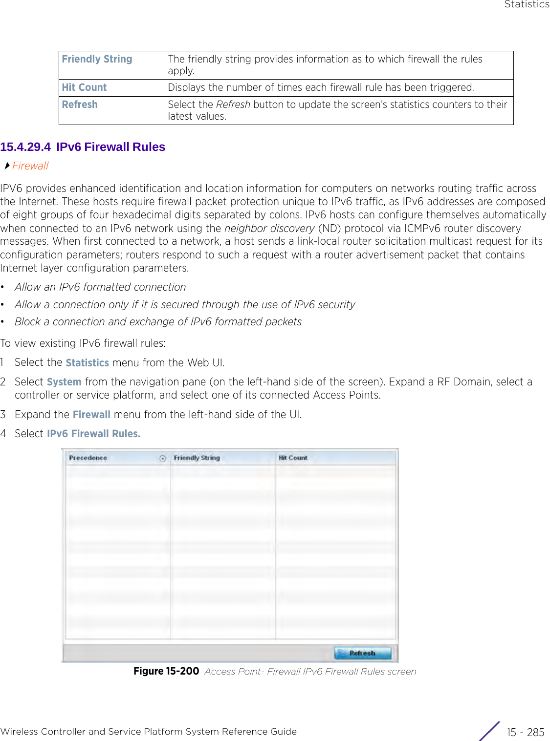 StatisticsWireless Controller and Service Platform System Reference Guide 15 - 28515.4.29.4  IPv6 Firewall Rules FirewallIPV6 provides enhanced identification and location information for computers on networks routing traffic across the Internet. These hosts require firewall packet protection unique to IPv6 traffic, as IPv6 addresses are composed of eight groups of four hexadecimal digits separated by colons. IPv6 hosts can configure themselves automatically when connected to an IPv6 network using the neighbor discovery (ND) protocol via ICMPv6 router discovery messages. When first connected to a network, a host sends a link-local router solicitation multicast request for its configuration parameters; routers respond to such a request with a router advertisement packet that contains Internet layer configuration parameters.•Allow an IPv6 formatted connection•Allow a connection only if it is secured through the use of IPv6 security•Block a connection and exchange of IPv6 formatted packetsTo view existing IPv6 firewall rules:1 Select the Statistics menu from the Web UI.2Select System from the navigation pane (on the left-hand side of the screen). Expand a RF Domain, select a controller or service platform, and select one of its connected Access Points.3Expand the Firewall menu from the left-hand side of the UI. 4Select IPv6 Firewall Rules. Figure 15-200 Access Point- Firewall IPv6 Firewall Rules screenFriendly String The friendly string provides information as to which firewall the rules apply. Hit Count Displays the number of times each firewall rule has been triggered.Refresh Select the Refresh button to update the screen’s statistics counters to their latest values.