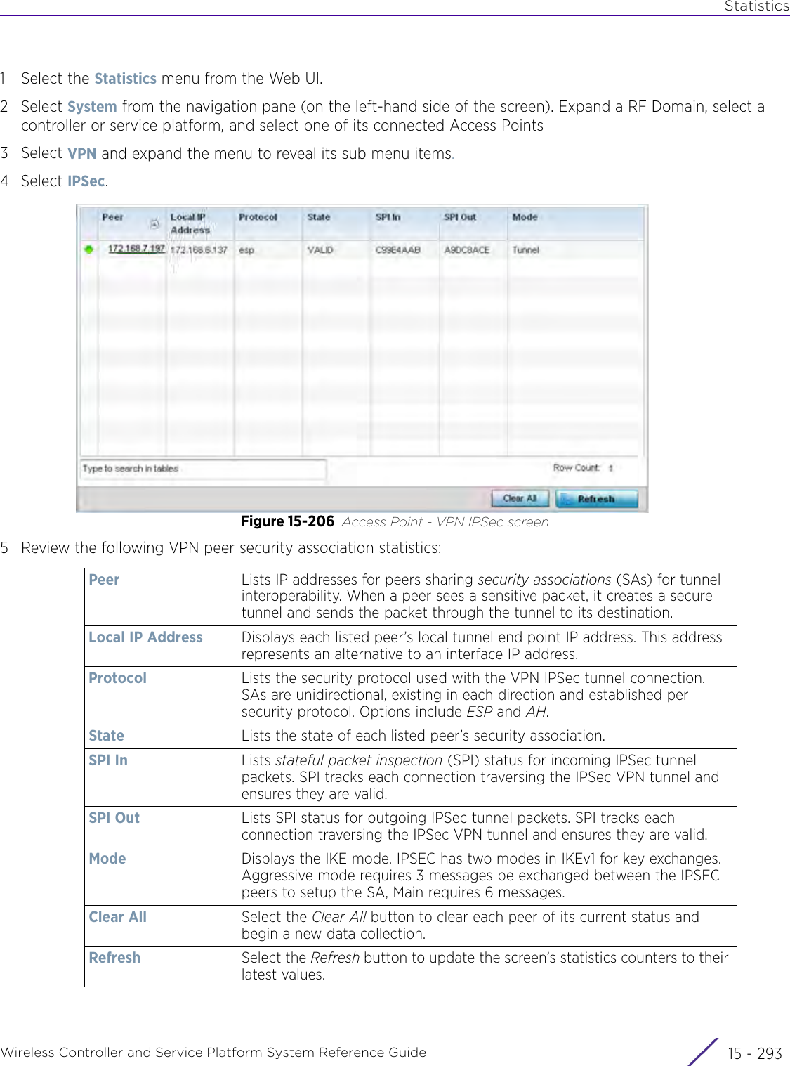 StatisticsWireless Controller and Service Platform System Reference Guide 15 - 2931 Select the Statistics menu from the Web UI.2Select System from the navigation pane (on the left-hand side of the screen). Expand a RF Domain, select a controller or service platform, and select one of its connected Access Points3Select VPN and expand the menu to reveal its sub menu items.4Select IPSec.Figure 15-206 Access Point - VPN IPSec screen5 Review the following VPN peer security association statistics:Peer Lists IP addresses for peers sharing security associations (SAs) for tunnel interoperability. When a peer sees a sensitive packet, it creates a secure tunnel and sends the packet through the tunnel to its destination.Local IP Address Displays each listed peer’s local tunnel end point IP address. This address represents an alternative to an interface IP address.Protocol Lists the security protocol used with the VPN IPSec tunnel connection. SAs are unidirectional, existing in each direction and established per security protocol. Options include ESP and AH.State Lists the state of each listed peer’s security association.SPI In Lists stateful packet inspection (SPI) status for incoming IPSec tunnel packets. SPI tracks each connection traversing the IPSec VPN tunnel and ensures they are valid. SPI Out Lists SPI status for outgoing IPSec tunnel packets. SPI tracks each connection traversing the IPSec VPN tunnel and ensures they are valid.Mode Displays the IKE mode. IPSEC has two modes in IKEv1 for key exchanges. Aggressive mode requires 3 messages be exchanged between the IPSEC peers to setup the SA, Main requires 6 messages.Clear All Select the Clear All button to clear each peer of its current status and begin a new data collection.Refresh Select the Refresh button to update the screen’s statistics counters to their latest values.