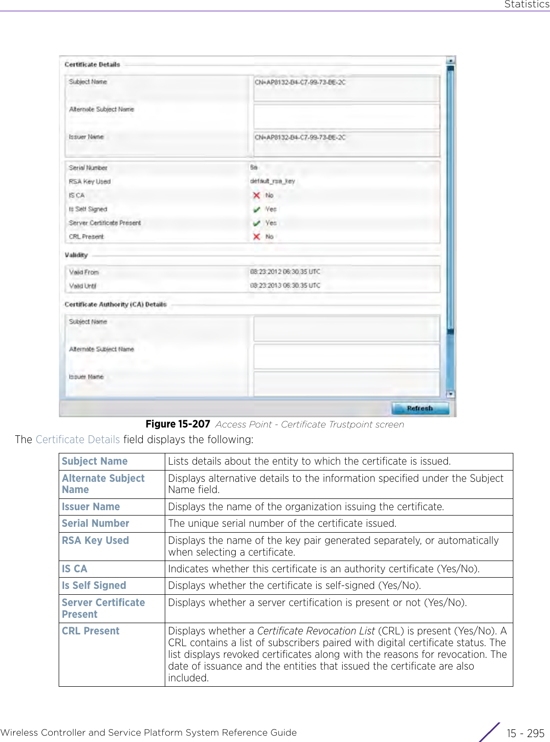 StatisticsWireless Controller and Service Platform System Reference Guide 15 - 295Figure 15-207 Access Point - Certificate Trustpoint screen The Certificate Details field displays the following:Subject Name Lists details about the entity to which the certificate is issued.Alternate Subject NameDisplays alternative details to the information specified under the Subject Name field.Issuer Name Displays the name of the organization issuing the certificate.Serial Number The unique serial number of the certificate issued.RSA Key Used Displays the name of the key pair generated separately, or automatically when selecting a certificate. IS CA Indicates whether this certificate is an authority certificate (Yes/No).Is Self Signed Displays whether the certificate is self-signed (Yes/No).Server Certificate PresentDisplays whether a server certification is present or not (Yes/No).CRL Present Displays whether a Certificate Revocation List (CRL) is present (Yes/No). A CRL contains a list of subscribers paired with digital certificate status. The list displays revoked certificates along with the reasons for revocation. The date of issuance and the entities that issued the certificate are also included.