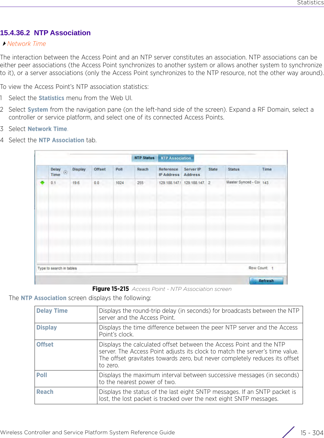 StatisticsWireless Controller and Service Platform System Reference Guide  15 - 30415.4.36.2  NTP AssociationNetwork TimeThe interaction between the Access Point and an NTP server constitutes an association. NTP associations can be either peer associations (the Access Point synchronizes to another system or allows another system to synchronize to it), or a server associations (only the Access Point synchronizes to the NTP resource, not the other way around).To view the Access Point’s NTP association statistics:1 Select the Statistics menu from the Web UI.2Select System from the navigation pane (on the left-hand side of the screen). Expand a RF Domain, select a controller or service platform, and select one of its connected Access Points.3Select Network Time.4 Select the NTP Association tab.Figure 15-215 Access Point - NTP Association screenThe NTP Association screen displays the following:Delay Time Displays the round-trip delay (in seconds) for broadcasts between the NTP server and the Access Point.Display Displays the time difference between the peer NTP server and the Access Point’s clock. Offset Displays the calculated offset between the Access Point and the NTP server. The Access Point adjusts its clock to match the server’s time value. The offset gravitates towards zero, but never completely reduces its offset to zero.Poll Displays the maximum interval between successive messages (in seconds) to the nearest power of two.Reach Displays the status of the last eight SNTP messages. If an SNTP packet is lost, the lost packet is tracked over the next eight SNTP messages.