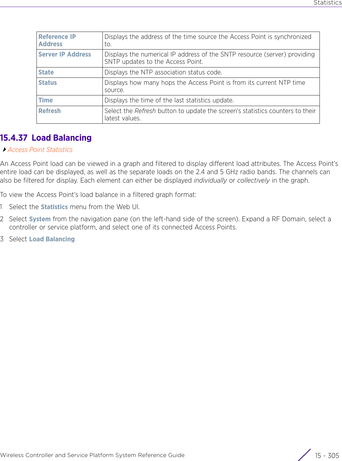 StatisticsWireless Controller and Service Platform System Reference Guide 15 - 30515.4.37  Load BalancingAccess Point StatisticsAn Access Point load can be viewed in a graph and filtered to display different load attributes. The Access Point’s entire load can be displayed, as well as the separate loads on the 2.4 and 5 GHz radio bands. The channels can also be filtered for display. Each element can either be displayed individually or collectively in the graph. To view the Access Point’s load balance in a filtered graph format:1 Select the Statistics menu from the Web UI.2Select System from the navigation pane (on the left-hand side of the screen). Expand a RF Domain, select a controller or service platform, and select one of its connected Access Points.3Select Load Balancing.Reference IP AddressDisplays the address of the time source the Access Point is synchronized to.Server IP Address Displays the numerical IP address of the SNTP resource (server) providing SNTP updates to the Access Point.State Displays the NTP association status code. Status Displays how many hops the Access Point is from its current NTP time source.Time Displays the time of the last statistics update.Refresh Select the Refresh button to update the screen’s statistics counters to their latest values.