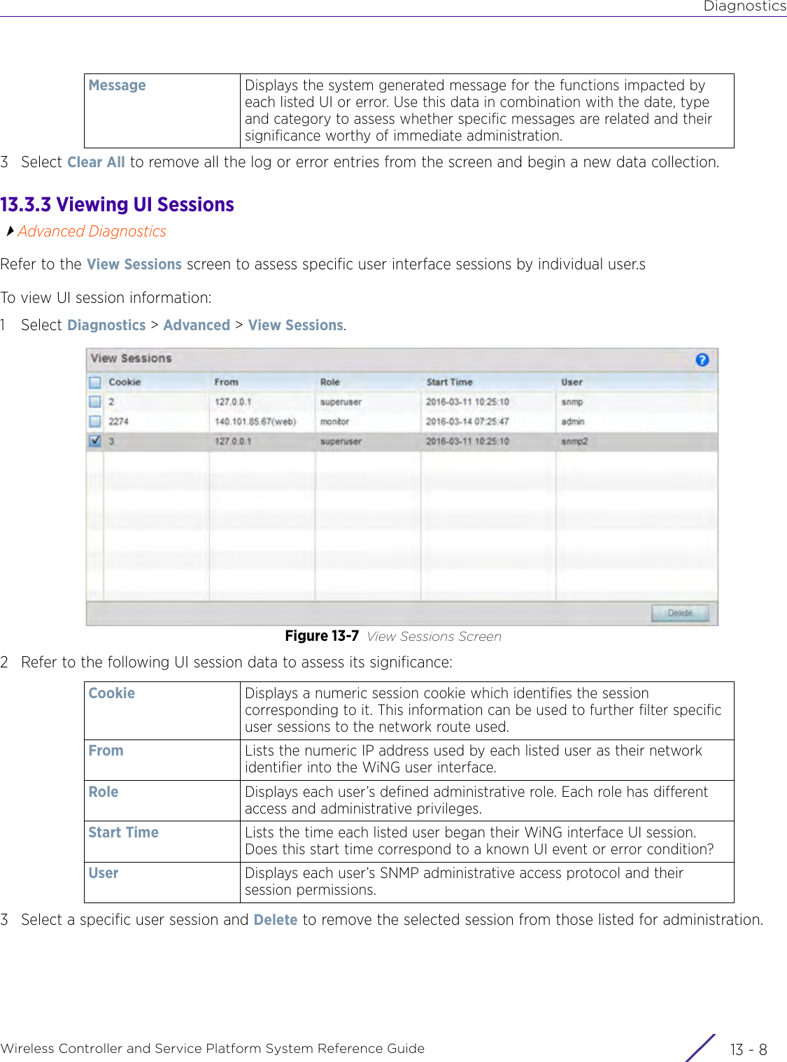 DiagnosticsWireless Controller and Service Platform System Reference Guide  13 - 83Select Clear All to remove all the log or error entries from the screen and begin a new data collection.13.3.3 Viewing UI SessionsAdvanced DiagnosticsRefer to the View Sessions screen to assess specific user interface sessions by individual user.s To view UI session information:1Select Diagnostics &gt; Advanced &gt; View Sessions.Figure 13-7 View Sessions Screen2 Refer to the following UI session data to assess its significance:3 Select a specific user session and Delete to remove the selected session from those listed for administration.Message Displays the system generated message for the functions impacted by each listed UI or error. Use this data in combination with the date, type and category to assess whether specific messages are related and their significance worthy of immediate administration.Cookie Displays a numeric session cookie which identifies the session corresponding to it. This information can be used to further filter specific user sessions to the network route used.From Lists the numeric IP address used by each listed user as their network identifier into the WiNG user interface.Role Displays each user’s defined administrative role. Each role has different access and administrative privileges.Start Time Lists the time each listed user began their WiNG interface UI session. Does this start time correspond to a known UI event or error condition?User Displays each user’s SNMP administrative access protocol and their session permissions.