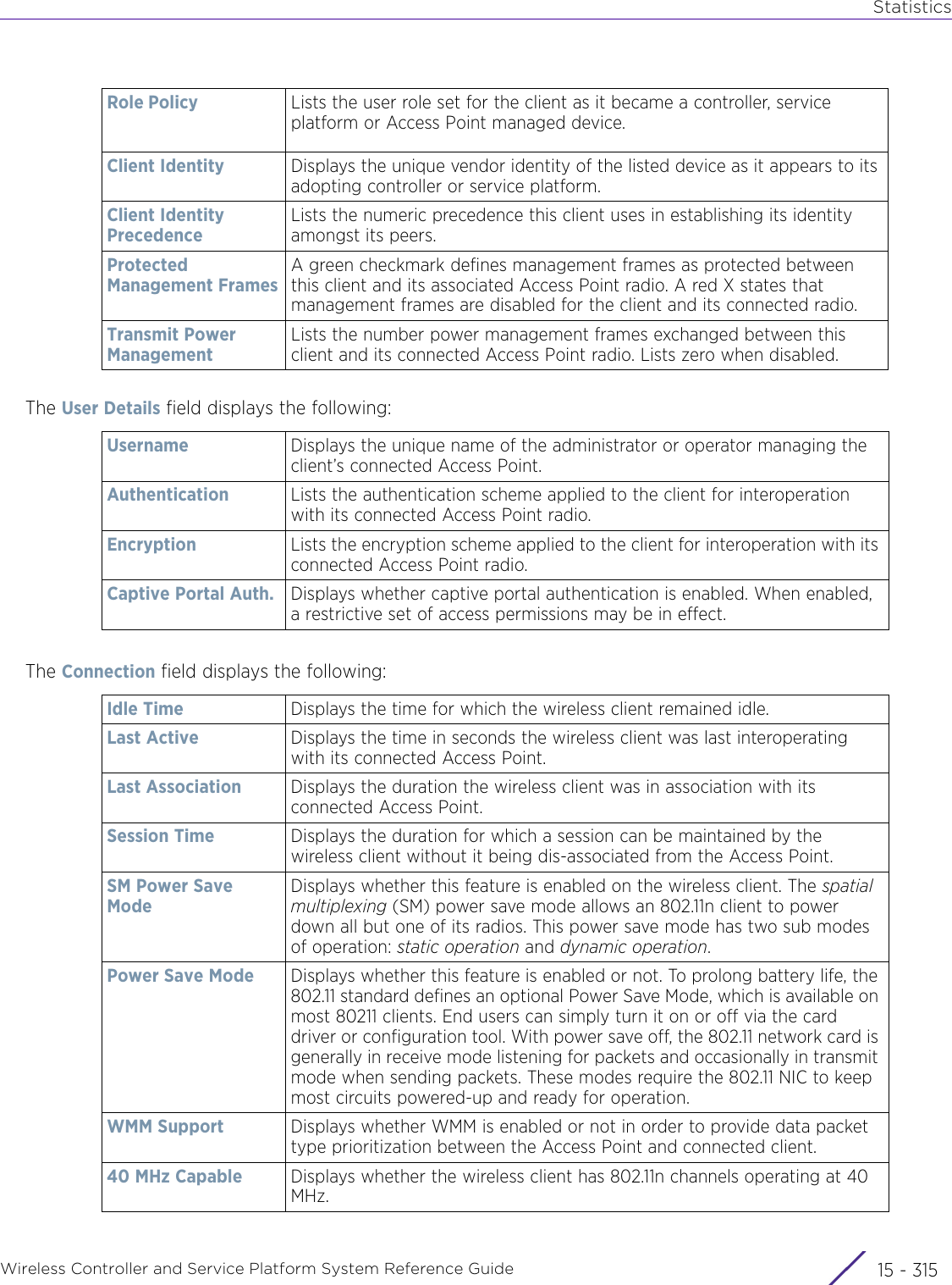 StatisticsWireless Controller and Service Platform System Reference Guide 15 - 315The User Details field displays the following:The Connection field displays the following:Role Policy Lists the user role set for the client as it became a controller, service platform or Access Point managed device.Client Identity Displays the unique vendor identity of the listed device as it appears to its adopting controller or service platform.Client Identity PrecedenceLists the numeric precedence this client uses in establishing its identity amongst its peers.Protected Management FramesA green checkmark defines management frames as protected between this client and its associated Access Point radio. A red X states that management frames are disabled for the client and its connected radio.Transmit Power ManagementLists the number power management frames exchanged between this client and its connected Access Point radio. Lists zero when disabled.Username Displays the unique name of the administrator or operator managing the client’s connected Access Point.Authentication Lists the authentication scheme applied to the client for interoperation with its connected Access Point radio. Encryption Lists the encryption scheme applied to the client for interoperation with its connected Access Point radio. Captive Portal Auth. Displays whether captive portal authentication is enabled. When enabled, a restrictive set of access permissions may be in effect.Idle Time Displays the time for which the wireless client remained idle.Last Active Displays the time in seconds the wireless client was last interoperating with its connected Access Point.Last Association Displays the duration the wireless client was in association with its connected Access Point. Session Time Displays the duration for which a session can be maintained by the wireless client without it being dis-associated from the Access Point.SM Power Save ModeDisplays whether this feature is enabled on the wireless client. The spatial multiplexing (SM) power save mode allows an 802.11n client to power down all but one of its radios. This power save mode has two sub modes of operation: static operation and dynamic operation.Power Save Mode Displays whether this feature is enabled or not. To prolong battery life, the 802.11 standard defines an optional Power Save Mode, which is available on most 80211 clients. End users can simply turn it on or off via the card driver or configuration tool. With power save off, the 802.11 network card is generally in receive mode listening for packets and occasionally in transmit mode when sending packets. These modes require the 802.11 NIC to keep most circuits powered-up and ready for operation.WMM Support Displays whether WMM is enabled or not in order to provide data packet type prioritization between the Access Point and connected client.40 MHz Capable Displays whether the wireless client has 802.11n channels operating at 40 MHz. 