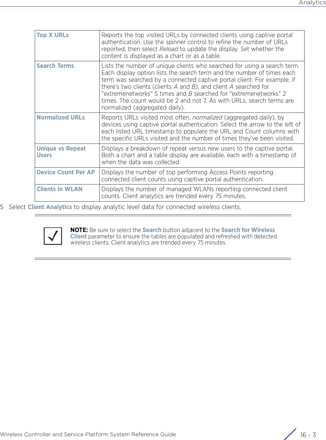 AnalyticsWireless Controller and Service Platform System Reference Guide 16 - 35Select Client Analytics to display analytic level data for connected wireless clients.Top X URLs Reports the top visited URLs by connected clients using captive portal authentication. Use the spinner control to refine the number of URLs reported, then select Reload to update the display. Set whether the content is displayed as a chart or as a table. Search Terms Lists the number of unique clients who searched for using a search term. Each display option lists the search term and the number of times each term was searched by a connected captive portal client. For example, if there’s two clients (clients A and B), and client A searched for &quot;extremenetworks&quot; 5 times and B searched for &quot;extremenetworks&quot; 2 times. The count would be 2 and not 7. As with URLs, search terms are normalized (aggregated daily).Normalized URLs Reports URLs visited most often, normalized (aggregated daily), by devices using captive portal authentication. Select the arrow to the left of each listed URL timestamp to populate the URL and Count columns with the specific URLs visited and the number of times they’ve been visited.Unique vs Repeat UsersDisplays a breakdown of repeat versus new users to the captive portal. Both a chart and a table display are available, each with a timestamp of when the data was collected.Device Count Per AP Displays the number of top performing Access Points reporting connected client counts using captive portal authentication.Clients in WLAN Displays the number of managed WLANs reporting connected client counts. Client analytics are trended every 75 minutes.NOTE: Be sure to select the Search button adjacent to the Search for Wireless Client parameter to ensure the tables are populated and refreshed with detected wireless clients. Client analytics are trended every 75 minutes.