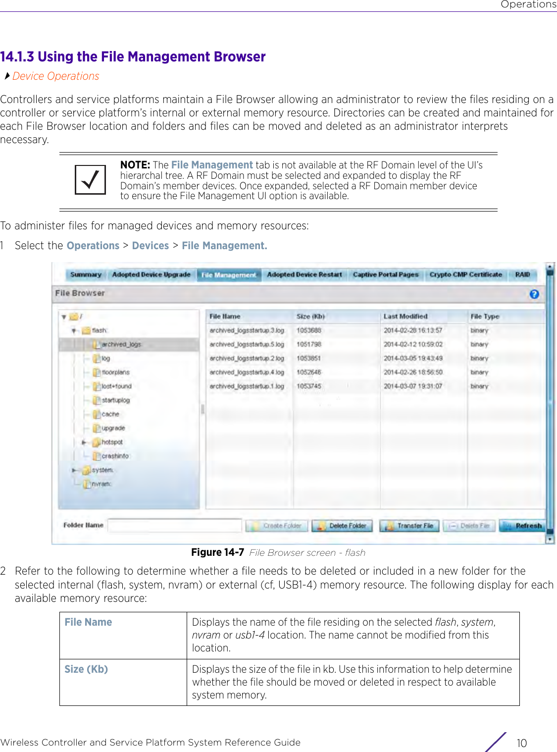 OperationsWireless Controller and Service Platform System Reference Guide  1014.1.3 Using the File Management BrowserDevice OperationsControllers and service platforms maintain a File Browser allowing an administrator to review the files residing on a controller or service platform’s internal or external memory resource. Directories can be created and maintained for each File Browser location and folders and files can be moved and deleted as an administrator interprets necessary. To administer files for managed devices and memory resources:1 Select the Operations &gt; Devices &gt; File Management.Figure 14-7 File Browser screen - flash2 Refer to the following to determine whether a file needs to be deleted or included in a new folder for the selected internal (flash, system, nvram) or external (cf, USB1-4) memory resource. The following display for each available memory resource:NOTE: The File Management tab is not available at the RF Domain level of the UI’s hierarchal tree. A RF Domain must be selected and expanded to display the RF Domain’s member devices. Once expanded, selected a RF Domain member device to ensure the File Management UI option is available.File Name Displays the name of the file residing on the selected flash, system, nvram or usb1-4 location. The name cannot be modified from this location.Size (Kb) Displays the size of the file in kb. Use this information to help determine whether the file should be moved or deleted in respect to available system memory.