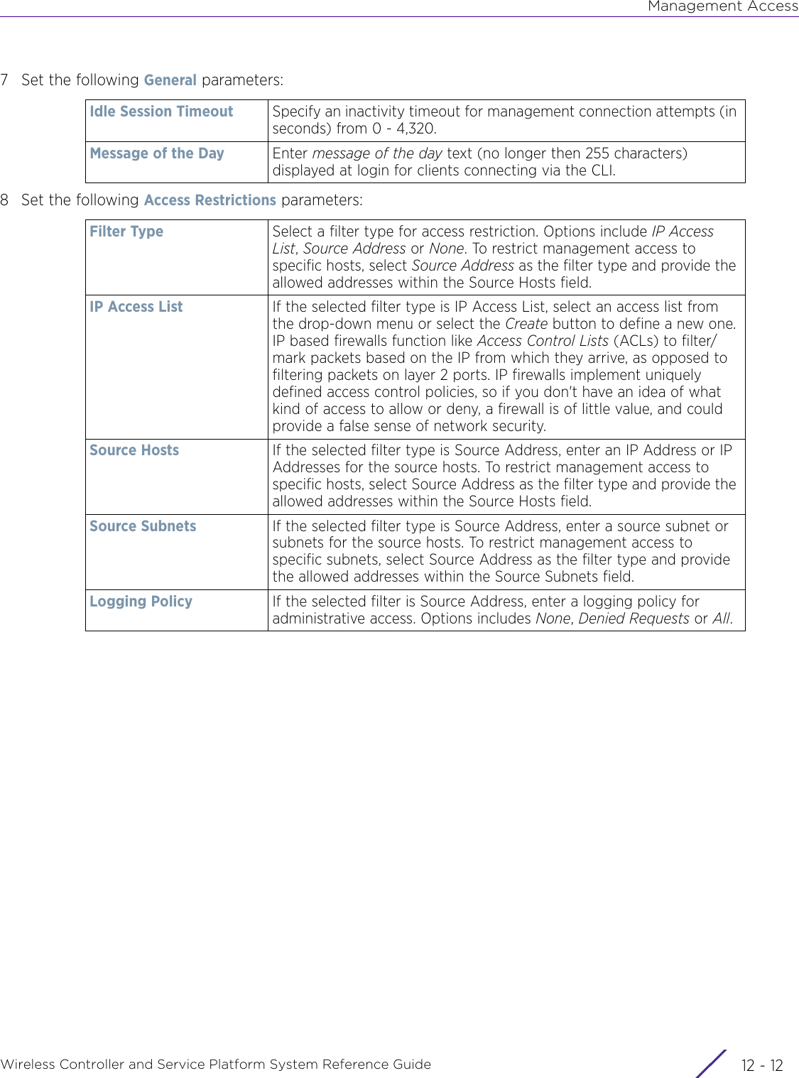 Management AccessWireless Controller and Service Platform System Reference Guide  12 - 127 Set the following General parameters:8 Set the following Access Restrictions parameters:Idle Session Timeout Specify an inactivity timeout for management connection attempts (in seconds) from 0 - 4,320. Message of the Day Enter message of the day text (no longer then 255 characters) displayed at login for clients connecting via the CLI.Filter Type Select a filter type for access restriction. Options include IP Access List, Source Address or None. To restrict management access to specific hosts, select Source Address as the filter type and provide the allowed addresses within the Source Hosts field.IP Access List If the selected filter type is IP Access List, select an access list from the drop-down menu or select the Create button to define a new one. IP based firewalls function like Access Control Lists (ACLs) to filter/mark packets based on the IP from which they arrive, as opposed to filtering packets on layer 2 ports. IP firewalls implement uniquely defined access control policies, so if you don&apos;t have an idea of what kind of access to allow or deny, a firewall is of little value, and could provide a false sense of network security.Source Hosts If the selected filter type is Source Address, enter an IP Address or IP Addresses for the source hosts. To restrict management access to specific hosts, select Source Address as the filter type and provide the allowed addresses within the Source Hosts field.Source Subnets If the selected filter type is Source Address, enter a source subnet or subnets for the source hosts. To restrict management access to specific subnets, select Source Address as the filter type and provide the allowed addresses within the Source Subnets field.Logging Policy If the selected filter is Source Address, enter a logging policy for administrative access. Options includes None, Denied Requests or All.