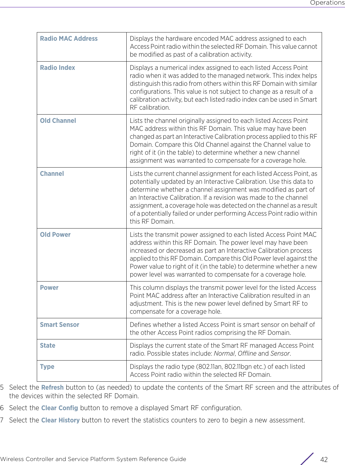 OperationsWireless Controller and Service Platform System Reference Guide  425 Select the Refresh button to (as needed) to update the contents of the Smart RF screen and the attributes of the devices within the selected RF Domain.6 Select the Clear Config button to remove a displayed Smart RF configuration.7 Select the Clear History button to revert the statistics counters to zero to begin a new assessment. Radio MAC Address Displays the hardware encoded MAC address assigned to each Access Point radio within the selected RF Domain. This value cannot be modified as past of a calibration activity.Radio Index Displays a numerical index assigned to each listed Access Point radio when it was added to the managed network. This index helps distinguish this radio from others within this RF Domain with similar configurations. This value is not subject to change as a result of a calibration activity, but each listed radio index can be used in Smart RF calibration.Old Channel Lists the channel originally assigned to each listed Access Point MAC address within this RF Domain. This value may have been changed as part an Interactive Calibration process applied to this RF Domain. Compare this Old Channel against the Channel value to right of it (in the table) to determine whether a new channel assignment was warranted to compensate for a coverage hole. Channel Lists the current channel assignment for each listed Access Point, as potentially updated by an Interactive Calibration. Use this data to determine whether a channel assignment was modified as part of an Interactive Calibration. If a revision was made to the channel assignment, a coverage hole was detected on the channel as a result of a potentially failed or under performing Access Point radio within this RF Domain. Old Power Lists the transmit power assigned to each listed Access Point MAC address within this RF Domain. The power level may have been increased or decreased as part an Interactive Calibration process applied to this RF Domain. Compare this Old Power level against the Power value to right of it (in the table) to determine whether a new power level was warranted to compensate for a coverage hole. Power This column displays the transmit power level for the listed Access Point MAC address after an Interactive Calibration resulted in an adjustment. This is the new power level defined by Smart RF to compensate for a coverage hole.Smart Sensor Defines whether a listed Access Point is smart sensor on behalf of the other Access Point radios comprising the RF Domain.State Displays the current state of the Smart RF managed Access Point radio. Possible states include: Normal, Offline and Sensor.Type Displays the radio type (802.11an, 802.11bgn etc.) of each listed Access Point radio within the selected RF Domain. 