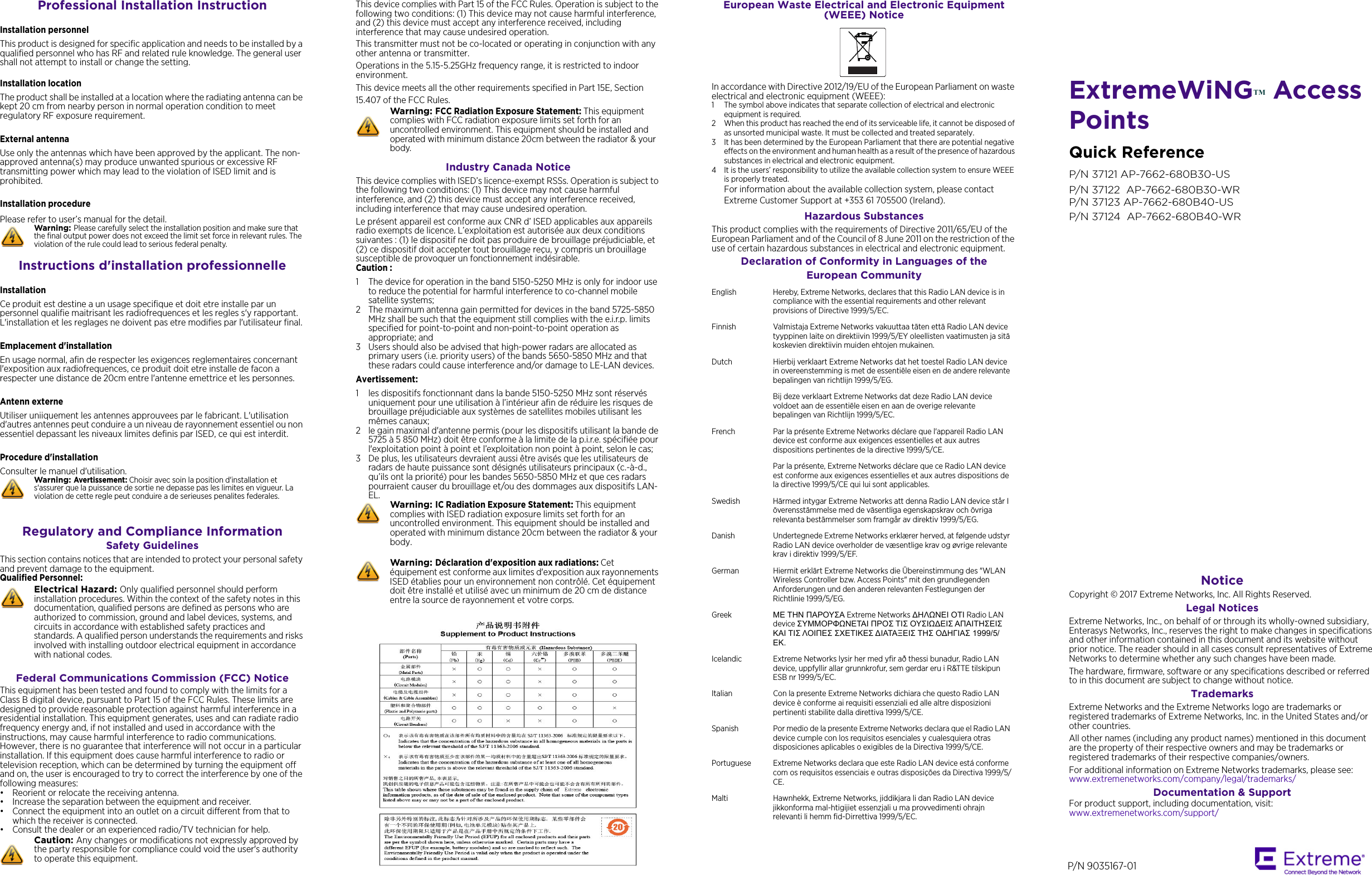 ExtremeWiNGTM Access PointsQuick ReferenceP/N 37121 AP-7662-680B30-USP/N 37122  AP-7662-680B30-WR P/N 37123 AP-7662-680B40-US P/N 37124  AP-7662-680B40-WR Notice Copyright © 2017 Extreme Networks, Inc. All Rights Reserved.Legal NoticesExtreme Networks, Inc., on behalf of or through its wholly-owned subsidiary, Enterasys Networks, Inc., reserves the right to make changes in specifications and other information contained in this document and its website without prior notice. The reader should in all cases consult representatives of Extreme Networks to determine whether any such changes have been made.The hardware, firmware, software or any specifications described or referred to in this document are subject to change without notice.TrademarksExtreme Networks and the Extreme Networks logo are trademarks or registered trademarks of Extreme Networks, Inc. in the United States and/or other countries. All other names (including any product names) mentioned in this document are the property of their respective owners and may be trademarks or registered trademarks of their respective companies/owners.For additional information on Extreme Networks trademarks, please see: www.extremenetworks.com/company/legal/trademarks/Documentation &amp; SupportFor product support, including documentation, visit: www.extremenetworks.com/support/ Professional Installation InstructionInstallation personnel This product is designed for specific application and needs to be installed by a qualified personnel who has RF and related rule knowledge. The general user shall not attempt to install or change the setting.Installation location The product shall be installed at a location where the radiating antenna can be kept 20 cm from nearby person in normal operation condition to meet regulatory RF exposure requirement.External antenna Use only the antennas which have been approved by the applicant. The non-approved antenna(s) may produce unwanted spurious or excessive RF transmitting power which may lead to the violation of ISED limit and is prohibited.Installation procedure Please refer to user’s manual for the detail.Instructions d&apos;installation professionnelleInstallation Ce produit est destine a un usage specifique et doit etre installe par un personnel qualifie maitrisant les radiofrequences et les regles s&apos;y rapportant. L&apos;installation et les reglages ne doivent pas etre modifies par l&apos;utilisateur final.Emplacement d&apos;installationEn usage normal, afin de respecter les exigences reglementaires concernant l&apos;exposition aux radiofrequences, ce produit doit etre installe de facon a respecter une distance de 20cm entre l&apos;antenne emettrice et les personnes.Antenn externeUtiliser uniiquement les antennes approuvees par le fabricant. L&apos;utilisation d&apos;autres antennes peut conduire a un niveau de rayonnement essentiel ou non essentiel depassant les niveaux limites definis par ISED, ce qui est interdit.Procedure d&apos;installationConsulter le manuel d&apos;utilisation.Regulatory and Compliance InformationSafety GuidelinesThis section contains notices that are intended to protect your personal safety and prevent damage to the equipment.Qualified Personnel:Federal Communications Commission (FCC) Notice This equipment has been tested and found to comply with the limits for a Class B digital device, pursuant to Part 15 of the FCC Rules. These limits are designed to provide reasonable protection against harmful interference in a residential installation. This equipment generates, uses and can radiate radio frequency energy and, if not installed and used in accordance with the instructions, may cause harmful interference to radio communications. However, there is no guarantee that interference will not occur in a particular installation. If this equipment does cause harmful interference to radio or television reception, which can be determined by turning the equipment off and on, the user is encouraged to try to correct the interference by one of the following measures:• Reorient or relocate the receiving antenna.• Increase the separation between the equipment and receiver.• Connect the equipment into an outlet on a circuit different from that to which the receiver is connected.• Consult the dealer or an experienced radio/TV technician for help.Warning: Please carefully select the installation position and make sure that the final output power does not exceed the limit set force in relevant rules. The violation of the rule could lead to serious federal penalty.Warning: Avertissement: Choisir avec soin la position d&apos;installation et s&apos;assurer que la puissance de sortie ne depasse pas les limites en vigueur. La violation de cette regle peut conduire a de serieuses penalites federales.Electrical Hazard: Only qualified personnel should perform installation procedures. Within the context of the safety notes in this documentation, qualified persons are defined as persons who are authorized to commission, ground and label devices, systems, and circuits in accordance with established safety practices and standards. A qualified person understands the requirements and risks involved with installing outdoor electrical equipment in accordance with national codes.Caution: Any changes or modifications not expressly approved by the party responsible for compliance could void the user&apos;s authority to operate this equipment.This device complies with Part 15 of the FCC Rules. Operation is subject to the following two conditions: (1) This device may not cause harmful interference, and (2) this device must accept any interference received, including interference that may cause undesired operation.This transmitter must not be co-located or operating in conjunction with any other antenna or transmitter.Operations in the 5.15-5.25GHz frequency range, it is restricted to indoor environment.This device meets all the other requirements specified in Part 15E, Section 15.407 of the FCC Rules.Industry Canada Notice This device complies with ISED’s licence-exempt RSSs. Operation is subject to the following two conditions: (1) This device may not cause harmful interference, and (2) this device must accept any interference received, including interference that may cause undesired operation.Le présent appareil est conforme aux CNR d’ ISED applicables aux appareils radio exempts de licence. L’exploitation est autorisée aux deux conditions suivantes : (1) le dispositif ne doit pas produire de brouillage préjudiciable, et (2) ce dispositif doit accepter tout brouillage reçu, y compris un brouillage susceptible de provoquer un fonctionnement indésirable. Caution :1 The device for operation in the band 5150-5250 MHz is only for indoor use to reduce the potential for harmful interference to co-channel mobile satellite systems;2 The maximum antenna gain permitted for devices in the band 5725-5850 MHz shall be such that the equipment still complies with the e.i.r.p. limits specified for point-to-point and non-point-to-point operation as appropriate; and 3 Users should also be advised that high-power radars are allocated as primary users (i.e. priority users) of the bands 5650-5850 MHz and that these radars could cause interference and/or damage to LE-LAN devices.Avertissement:1 les dispositifs fonctionnant dans la bande 5150-5250 MHz sont réservés uniquement pour une utilisation à l’intérieur afin de réduire les risques de brouillage préjudiciable aux systèmes de satellites mobiles utilisant les mêmes canaux;2 le gain maximal d&apos;antenne permis (pour les dispositifs utilisant la bande de 5725 à 5 850 MHz) doit être conforme à la limite de la p.i.r.e. spécifiée pour l&apos;exploitation point à point et l’exploitation non point à point, selon le cas; 3 De plus, les utilisateurs devraient aussi être avisés que les utilisateurs de radars de haute puissance sont désignés utilisateurs principaux (c.-à-d., qu’ils ont la priorité) pour les bandes 5650-5850 MHz et que ces radars pourraient causer du brouillage et/ou des dommages aux dispositifs LAN-EL. Warning: FCC Radiation Exposure Statement: This equipment complies with FCC radiation exposure limits set forth for an uncontrolled environment. This equipment should be installed and operated with minimum distance 20cm between the radiator &amp; your body.Warning: IC Radiation Exposure Statement: This equipment complies with ISED radiation exposure limits set forth for an uncontrolled environment. This equipment should be installed and operated with minimum distance 20cm between the radiator &amp; your body.Warning: Déclaration d&apos;exposition aux radiations: Cet équipement est conforme aux limites d&apos;exposition aux rayonnements ISED établies pour un environnement non contrôlé. Cet équipement doit être installé et utilisé avec un minimum de 20 cm de distance entre la source de rayonnement et votre corps.European Waste Electrical and Electronic Equipment (WEEE) NoticeIn accordance with Directive 2012/19/EU of the European Parliament on waste electrical and electronic equipment (WEEE):1 The symbol above indicates that separate collection of electrical and electronic equipment is required.2 When this product has reached the end of its serviceable life, it cannot be disposed of as unsorted municipal waste. It must be collected and treated separately.3 It has been determined by the European Parliament that there are potential negative effects on the environment and human health as a result of the presence of hazardous substances in electrical and electronic equipment.4 It is the users’ responsibility to utilize the available collection system to ensure WEEE is properly treated.For information about the available collection system, please contact Extreme Customer Support at +353 61 705500 (Ireland).Hazardous SubstancesThis product complies with the requirements of Directive 2011/65/EU of the European Parliament and of the Council of 8 June 2011 on the restriction of the use of certain hazardous substances in electrical and electronic equipment.Declaration of Conformity in Languages of the European CommunityEnglish Hereby, Extreme Networks, declares that this Radio LAN device is in compliance with the essential requirements and other relevant provisions of Directive 1999/5/EC.Finnish Valmistaja Extreme Networks vakuuttaa täten että Radio LAN device tyyppinen laite on direktiivin 1999/5/EY oleellisten vaatimusten ja sitä koskevien direktiivin muiden ehtojen mukainen.Dutch Hierbij verklaart Extreme Networks dat het toestel Radio LAN device in overeenstemming is met de essentiële eisen en de andere relevante bepalingen van richtlijn 1999/5/EG. Bij deze verklaart Extreme Networks dat deze Radio LAN device voldoet aan de essentiële eisen en aan de overige relevante bepalingen van Richtlijn 1999/5/EC.French Par la présente Extreme Networks déclare que l&apos;appareil Radio LAN device est conforme aux exigences essentielles et aux autres dispositions pertinentes de la directive 1999/5/CE. Par la présente, Extreme Networks déclare que ce Radio LAN device est conforme aux exigences essentielles et aux autres dispositions de la directive 1999/5/CE qui lui sont applicables.Swedish Härmed intygar Extreme Networks att denna Radio LAN device står I överensstämmelse med de väsentliga egenskapskrav och övriga relevanta bestämmelser som framgår av direktiv 1999/5/EG. Danish Undertegnede Extreme Networks erklærer herved, at følgende udstyr Radio LAN device overholder de væsentlige krav og øvrige relevante krav i direktiv 1999/5/EF.German Hiermit erklärt Extreme Networks die Übereinstimmung des &quot;WLAN Wireless Controller bzw. Access Points&quot; mit den grundlegenden Anforderungen und den anderen relevanten Festlegungen der Richtlinie 1999/5/EG.Greek ΜΕ ΤΗΝ ΠΑΡΟΥΣΑ Extreme Networks ∆ΗΛΩΝΕΙ ΟΤΙ Radio LAN device ΣΥΜΜΟΡΦΩΝΕΤΑΙ ΠΡΟΣ ΤΙΣ ΟΥΣΙΩ∆ΕΙΣ ΑΠΑΙΤΗΣΕΙΣ ΚΑΙ ΤΙΣ ΛΟΙΠΕΣ ΣΧΕΤΙΚΕΣ ∆ΙΑΤΑΞΕΙΣ ΤΗΣ Ο∆ΗΓΙΑΣ 1999/5/ΕΚ.Icelandic Extreme Networks lysir her med yfir að thessi bunadur, Radio LAN device, uppfyllir allar grunnkrofur, sem gerdar eru i R&amp;TTE tilskipun ESB nr 1999/5/EC.Italian Con la presente Extreme Networks dichiara che questo Radio LAN device è conforme ai requisiti essenziali ed alle altre disposizioni pertinenti stabilite dalla direttiva 1999/5/CE.Spanish Por medio de la presente Extreme Networks declara que el Radio LAN device cumple con los requisitos esenciales y cualesquiera otras disposiciones aplicables o exigibles de la Directiva 1999/5/CE.Portuguese Extreme Networks declara que este Radio LAN device está conforme com os requisitos essenciais e outras disposições da Directiva 1999/5/CE. Malti Hawnhekk, Extreme Networks, jiddikjara li dan Radio LAN device jikkonforma mal-htigijiet essenzjali u ma provvedimenti ohrajn relevanti li hemm fid-Dirrettiva 1999/5/EC.P/N 9035167-01