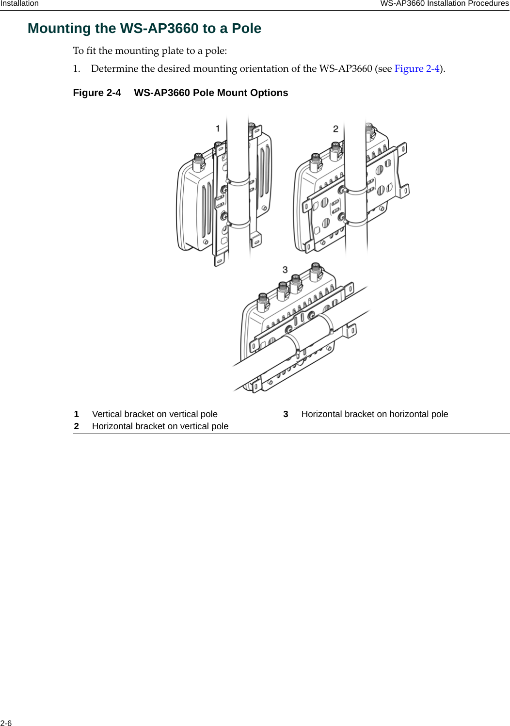 Installation WS-AP3660 Installation Procedures2-6Mounting the WS-AP3660 to a PoleTo fit the mounting plate to a pole:1. Determine the desired mounting orientation of the WS-AP3660 (see Figure 2-4).Figure 2-4  WS-AP3660 Pole Mount Options1Vertical bracket on vertical pole 3Horizontal bracket on horizontal pole2Horizontal bracket on vertical pole