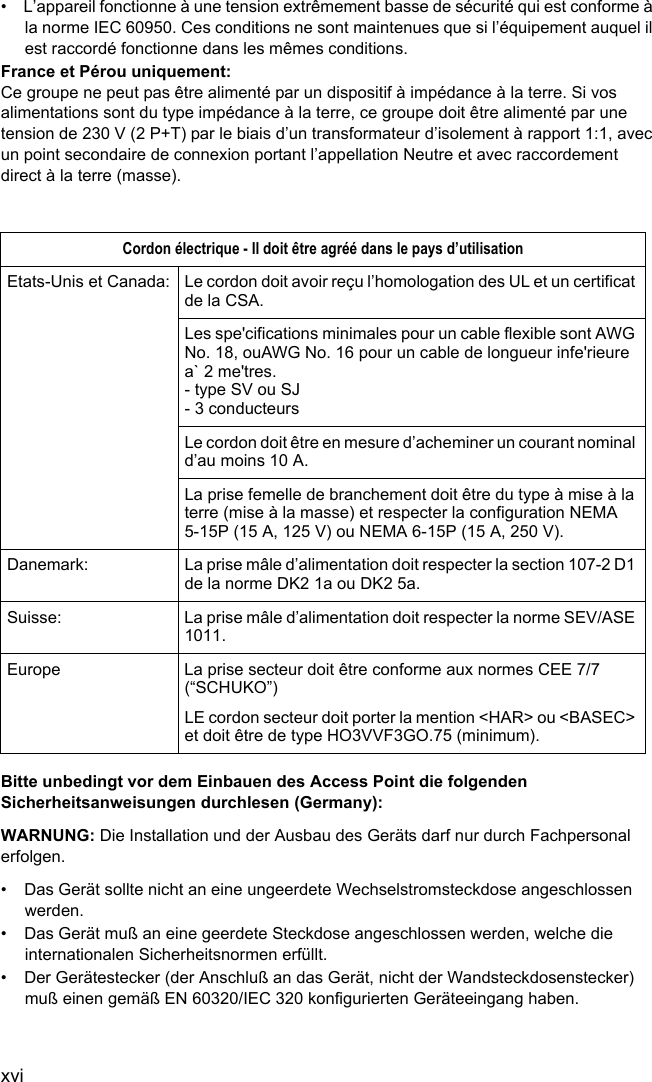 xvi•  L’appareil fonctionne à une tension extrêmement basse de sécurité qui est conforme à la norme IEC 60950. Ces conditions ne sont maintenues que si l’équipement auquel il est raccordé fonctionne dans les mêmes conditions.France et Pérou uniquement:Ce groupe ne peut pas être alimenté par un dispositif à impédance à la terre. Si vos alimentations sont du type impédance à la terre, ce groupe doit être alimenté par une tension de 230 V (2 P+T) par le biais d’un transformateur d’isolement à rapport 1:1, avec un point secondaire de connexion portant l’appellation Neutre et avec raccordement direct à la terre (masse).Bitte unbedingt vor dem Einbauen des Access Point die folgenden Sicherheitsanweisungen durchlesen (Germany):WARNUNG: Die Installation und der Ausbau des Geräts darf nur durch Fachpersonal erfolgen.•  Das Gerät sollte nicht an eine ungeerdete Wechselstromsteckdose angeschlossen werden.•  Das Gerät muß an eine geerdete Steckdose angeschlossen werden, welche die internationalen Sicherheitsnormen erfüllt.•  Der Gerätestecker (der Anschluß an das Gerät, nicht der Wandsteckdosenstecker) muß einen gemäß EN 60320/IEC 320 konfigurierten Geräteeingang haben.Cordon électrique - Il doit être agréé dans le pays d’utilisationEtats-Unis et Canada: Le cordon doit avoir reçu l’homologation des UL et un certificat de la CSA.Les spe&apos;cifications minimales pour un cable flexible sont AWG No. 18, ouAWG No. 16 pour un cable de longueur infe&apos;rieure a` 2 me&apos;tres.- type SV ou SJ- 3 conducteursLe cordon doit être en mesure d’acheminer un courant nominal d’au moins 10 A.La prise femelle de branchement doit être du type à mise à la terre (mise à la masse) et respecter la configuration NEMA 5-15P (15 A, 125 V) ou NEMA 6-15P (15 A, 250 V).Danemark: La prise mâle d’alimentation doit respecter la section 107-2 D1 de la norme DK2 1a ou DK2 5a.Suisse: La prise mâle d’alimentation doit respecter la norme SEV/ASE 1011.Europe La prise secteur doit être conforme aux normes CEE 7/7 (“SCHUKO”)LE cordon secteur doit porter la mention &lt;HAR&gt; ou &lt;BASEC&gt; et doit être de type HO3VVF3GO.75 (minimum).