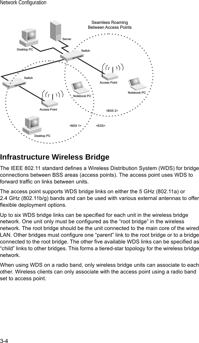 Network Configuration3-4Infrastructure Wireless BridgeThe IEEE 802.11 standard defines a Wireless Distribution System (WDS) for bridge connections between BSS areas (access points). The access point uses WDS to forward traffic on links between units. The access point supports WDS bridge links on either the 5 GHz (802.11a) or 2.4 GHz (802.11b/g) bands and can be used with various external antennas to offer flexible deployment options.Up to six WDS bridge links can be specified for each unit in the wireless bridge network. One unit only must be configured as the “root bridge” in the wireless network. The root bridge should be the unit connected to the main core of the wired LAN. Other bridges must configure one “parent” link to the root bridge or to a bridge connected to the root bridge. The other five available WDS links can be specified as “child” links to other bridges. This forms a tiered-star topology for the wireless bridge network.When using WDS on a radio band, only wireless bridge units can associate to each other. Wireless clients can only associate with the access point using a radio band set to access point.&lt;BSS 2&gt;&lt;ESS&gt;&lt;BSS 1&gt;ServerSwitchDesktop PCAccess PointSeamless RoamingBetween Access PointsDesktop PCNotebook PCAccess PointNotebook PCSwitch