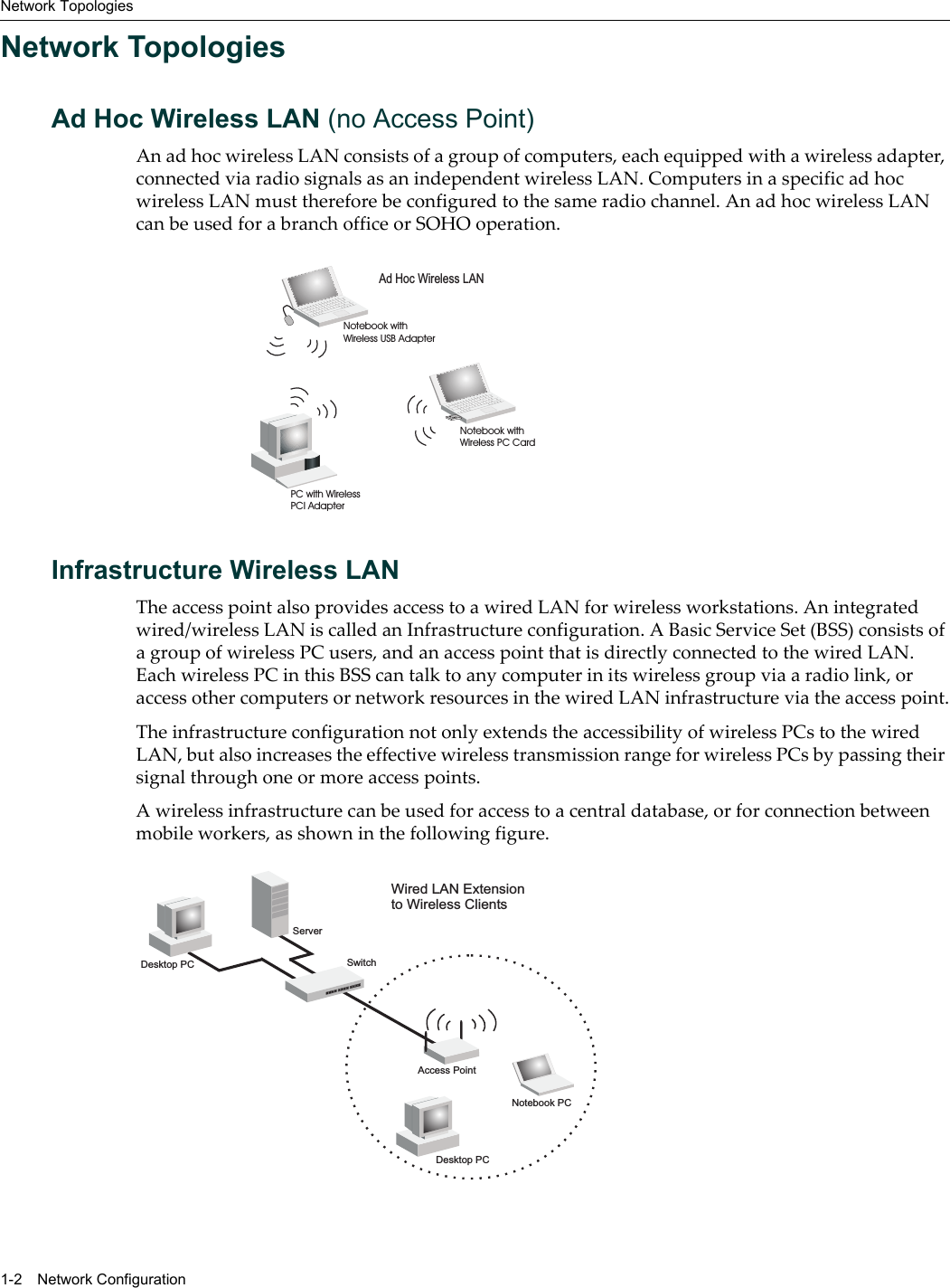 Network Topologies1-2 Network ConfigurationNetwork TopologiesAd Hoc Wireless LAN (no Access Point)AnadhocwirelessLANconsistsofagroupofcomputers,eachequippedwithawirelessadapter,connectedviaradiosignalsasanindependentwirelessLAN.ComputersinaspecificadhocwirelessLANmustthereforebeconfiguredtothesameradiochannel.AnadhocwirelessLANcanbeusedforabranchofficeorSOHOoperation.Infrastructure Wireless LANTheaccesspointalsoprovidesaccesstoawiredLANforwirelessworkstations.Anintegratedwired/wirelessLANiscalledanInfrastructureconfiguration.ABasicServiceSet(BSS)consistsofagroupofwirelessPCusers,andanaccesspointthatisdirectlyconnectedtothewiredLAN.EachwirelessPCinthisBSScantalktoanycomputerinitswirelessgroupviaaradiolink,oraccessothercomputersornetworkresourcesinthewiredLANinfrastructureviatheaccesspoint.TheinfrastructureconfigurationnotonlyextendstheaccessibilityofwirelessPCstothewiredLAN,butalsoincreasestheeffectivewirelesstransmissionrangeforwirelessPCsbypassingtheirsignalthroughoneormoreaccesspoints.Awirelessinfrastructurecanbeusedforaccesstoacentraldatabase,orforconnectionbetweenmobileworkers,asshowninthefollowingfigure.Ad Hoc Wireless LANNotebook withWireless USB AdapterNotebook withWireless PC CardPC with WirelessPCI AdapterServerSwitchDesktop PCAccess PointWired LAN Extensionto Wireless ClientsDesktop PCNotebook PC