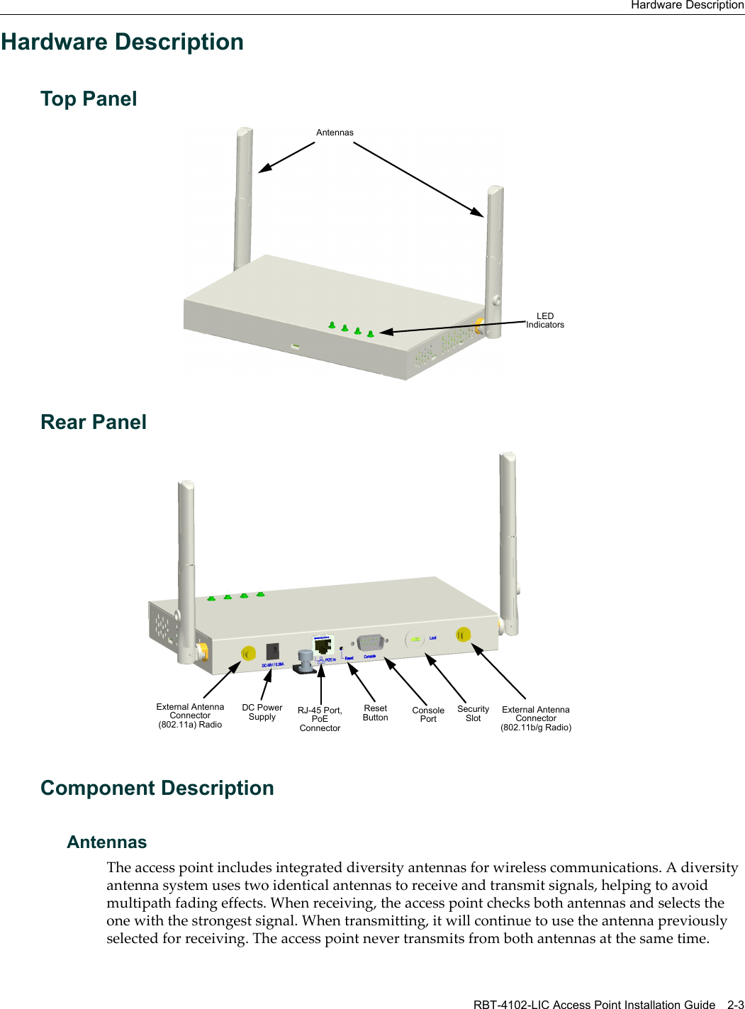 Hardware DescriptionRBT-4102-LIC Access Point Installation Guide 2-3Hardware DescriptionTop PanelRear PanelComponent DescriptionAntennasTheaccesspointincludesintegrateddiversityantennasforwirelesscommunications.Adiversityantennasystemusestwoidenticalantennastoreceiveandtransmitsignals,helpingtoavoidmultipathfadingeffects.Whenreceiving,theaccesspointchecksbothantennasandselectstheonewiththestrongestsignal.Whentransmitting,itwillcontinuetousetheantennapreviouslyselectedforreceiving.Theaccesspointnevertransmitsfrombothantennasatthesametime.LED IndicatorsAntennasSecurity SlotConsole PortRJ-45 Port,PoE ConnectorReset Button External Antenna Connector (802.11b/g Radio)DC Power SupplyExternal Antenna Connector (802.11a) Radio