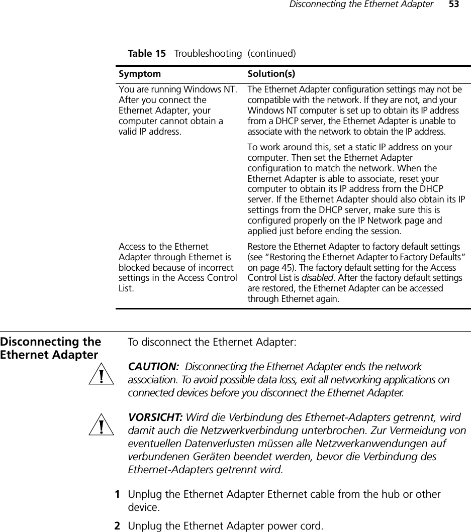 Disconnecting the Ethernet Adapter 53Disconnecting the Ethernet AdapterTo disconnect the Ethernet Adapter:CAUTION:  Disconnecting the Ethernet Adapter ends the network association. To avoid possible data loss, exit all networking applications on connected devices before you disconnect the Ethernet Adapter.VORSICHT: Wird die Verbindung des Ethernet-Adapters getrennt, wird damit auch die Netzwerkverbindung unterbrochen. Zur Vermeidung von eventuellen Datenverlusten müssen alle Netzwerkanwendungen auf verbundenen Geräten beendet werden, bevor die Verbindung des Ethernet-Adapters getrennt wird.1Unplug the Ethernet Adapter Ethernet cable from the hub or other device.2Unplug the Ethernet Adapter power cord.Symptom Solution(s)You are running Windows NT. After you connect the Ethernet Adapter, your computer cannot obtain a valid IP address.The Ethernet Adapter configuration settings may not be compatible with the network. If they are not, and your Windows NT computer is set up to obtain its IP address from a DHCP server, the Ethernet Adapter is unable to associate with the network to obtain the IP address. To work around this, set a static IP address on your computer. Then set the Ethernet Adapter configuration to match the network. When the Ethernet Adapter is able to associate, reset your computer to obtain its IP address from the DHCP server. If the Ethernet Adapter should also obtain its IP settings from the DHCP server, make sure this is configured properly on the IP Network page and applied just before ending the session.Access to the Ethernet Adapter through Ethernet is blocked because of incorrect settings in the Access Control List.Restore the Ethernet Adapter to factory default settings (see “Restoring the Ethernet Adapter to Factory Defaults” on page 45). The factory default setting for the Access Control List is disabled. After the factory default settings are restored, the Ethernet Adapter can be accessed through Ethernet again.Table 15   Troubleshooting  (continued)