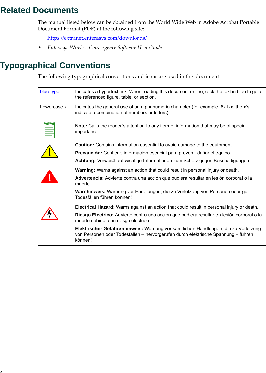 xRelated DocumentsThe manual listed below can be obtained from the World Wide Web in Adobe Acrobat Portable Document Format (PDF) at the following site:https://extranet.enterasys.com/downloads/•Enterasys Wireless Convergence Software User GuideTypographical ConventionsThe following typographical conventions and icons are used in this document.blue type Indicates a hypertext link. When reading this document online, click the text in blue to go to the referenced figure, table, or section.Lowercase x Indicates the general use of an alphanumeric character (for example, 6x1xx, the x’s indicate a combination of numbers or letters).Note: Calls the reader’s attention to any item of information that may be of special importance.Caution: Contains information essential to avoid damage to the equipment.Precaución: Contiene información esencial para prevenir dañar el equipo.Achtung: Verweißt auf wichtige Informationen zum Schutz gegen Beschädigungen.Warning: Warns against an action that could result in personal injury or death.Advertencia: Advierte contra una acción que pudiera resultar en lesión corporal o la muerte.Warnhinweis: Warnung vor Handlungen, die zu Verletzung von Personen oder gar Todesfällen führen können!Electrical Hazard: Warns against an action that could result in personal injury or death.Riesgo Electrico: Advierte contra una acción que pudiera resultar en lesión corporal o la muerte debido a un riesgo eléctrico.Elektrischer Gefahrenhinweis: Warnung vor sämtlichen Handlungen, die zu Verletzung von Personen oder Todesfällen – hervorgerufen durch elektrische Spannung – führen können! 