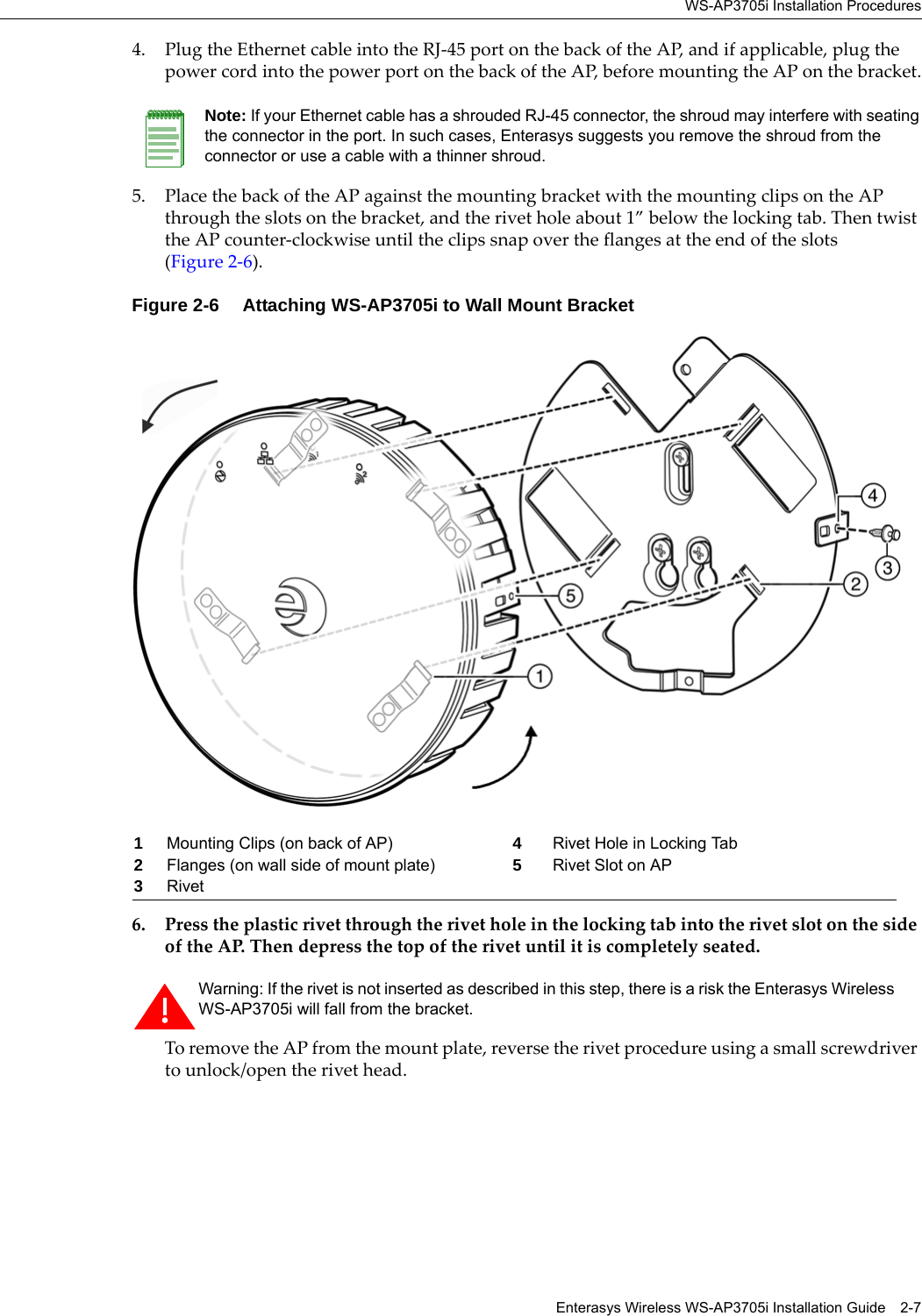 WS-AP3705i Installation ProceduresEnterasys Wireless WS-AP3705i Installation Guide 2-74. Plug the Ethernet cable into the RJ-45 port on the back of the AP, and if applicable, plug the power cord into the power port on the back of the AP, before mounting the AP on the bracket.5. Place the back of the AP against the mounting bracket with the mounting clips on the AP through the slots on the bracket, and the rivet hole about 1” below the locking tab. Then twist the AP counter-clockwise until the clips snap over the flanges at the end of the slots (Figure 2-6).Figure 2-6  Attaching WS-AP3705i to Wall Mount Bracket6. Press the plastic rivet through the rivet hole in the locking tab into the rivet slot on the side of the AP. Then depress the top of the rivet until it is completely seated.To remove the AP from the mount plate, reverse the rivet procedure using a small screwdriver to unlock/open the rivet head.Note: If your Ethernet cable has a shrouded RJ-45 connector, the shroud may interfere with seating the connector in the port. In such cases, Enterasys suggests you remove the shroud from the connector or use a cable with a thinner shroud.1Mounting Clips (on back of AP) 4Rivet Hole in Locking Tab2Flanges (on wall side of mount plate) 5Rivet Slot on AP3RivetWarning: If the rivet is not inserted as described in this step, there is a risk the Enterasys Wireless WS-AP3705i will fall from the bracket.