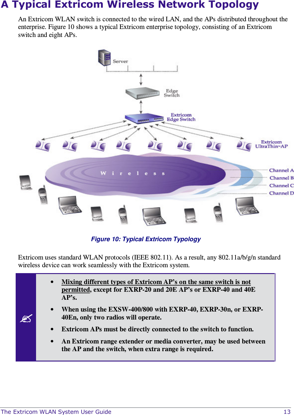  The Extricom WLAN System User Guide    13 A Typical Extricom Wireless Network Topology An Extricom WLAN switch is connected to the wired LAN, and the APs distributed throughout the enterprise. Figure 10 shows a typical Extricom enterprise topology, consisting of an Extricom switch and eight APs.  Figure 10: Typical Extricom Typology  Extricom uses standard WLAN protocols (IEEE 802.11). As a result, any 802.11a/b/g/n standard wireless device can work seamlessly with the Extricom system.  • Mixing different types of Extricom AP’s on the same switch is not permitted, except for EXRP-20 and 20E AP’s or EXRP-40 and 40E AP’s. • When using the EXSW-400/800 with EXRP-40, EXRP-30n, or EXRP-40En, only two radios will operate. • Extricom APs must be directly connected to the switch to function. • An Extricom range extender or media converter, may be used between the AP and the switch, when extra range is required.  