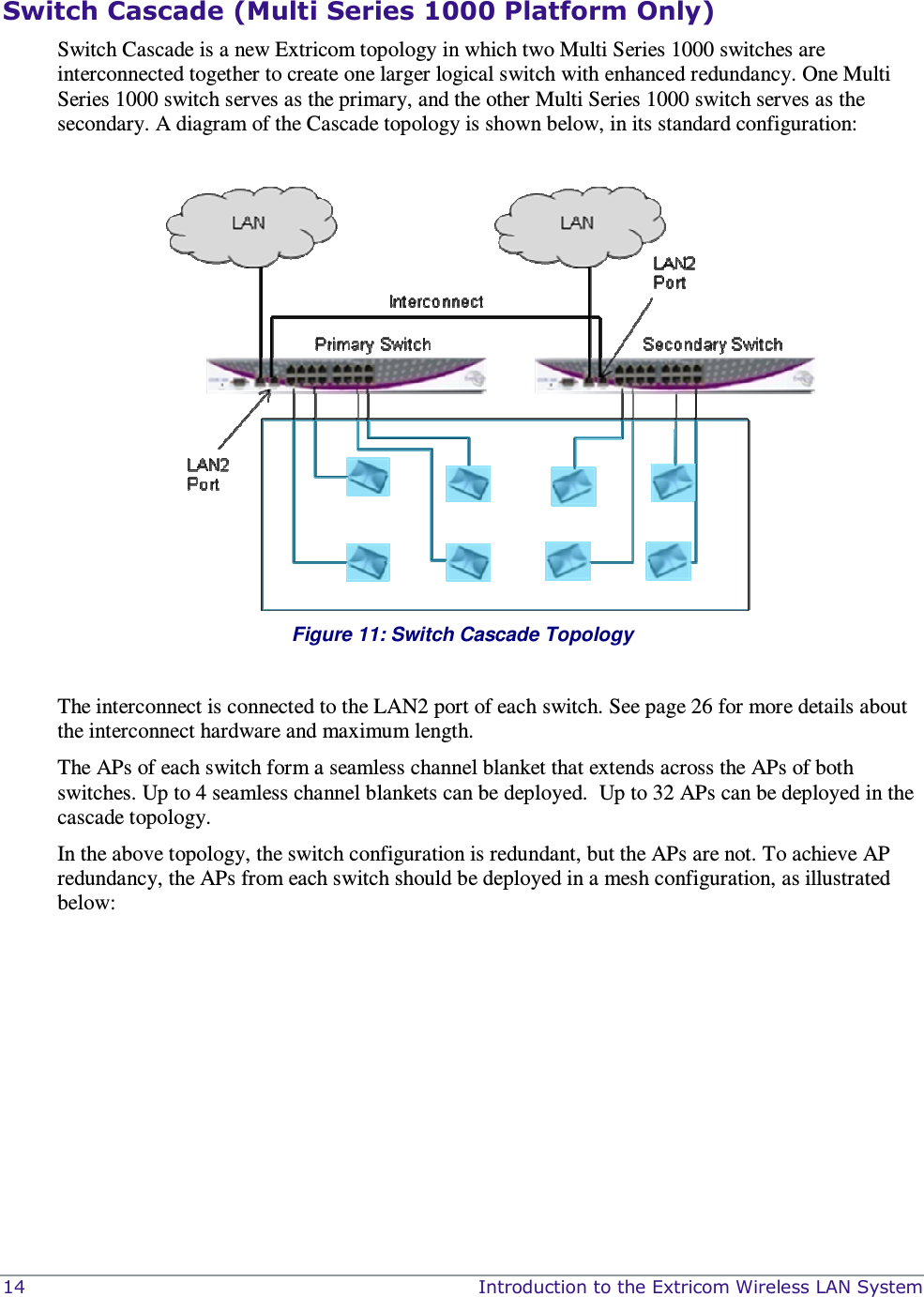  14    Introduction to the Extricom Wireless LAN System Switch Cascade (Multi Series 1000 Platform Only) Switch Cascade is a new Extricom topology in which two Multi Series 1000 switches are interconnected together to create one larger logical switch with enhanced redundancy. One Multi Series 1000 switch serves as the primary, and the other Multi Series 1000 switch serves as the secondary. A diagram of the Cascade topology is shown below, in its standard configuration:   Figure 11: Switch Cascade Topology  The interconnect is connected to the LAN2 port of each switch. See page 26 for more details about the interconnect hardware and maximum length. The APs of each switch form a seamless channel blanket that extends across the APs of both switches. Up to 4 seamless channel blankets can be deployed.  Up to 32 APs can be deployed in the cascade topology.  In the above topology, the switch configuration is redundant, but the APs are not. To achieve AP redundancy, the APs from each switch should be deployed in a mesh configuration, as illustrated below:  