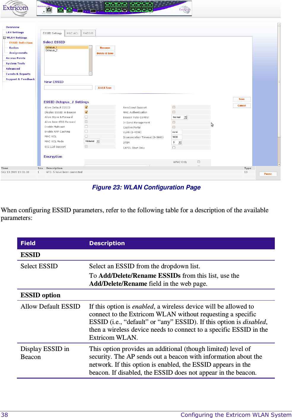  38    Configuring the Extricom WLAN System  Figure 23: WLAN Configuration Page  When configuring ESSID parameters, refer to the following table for a description of the available parameters:  Field  Description ESSID  Select ESSID  Select an ESSID from the dropdown list.  To Add/Delete/Rename ESSIDs from this list, use the Add/Delete/Rename field in the web page. ESSID option Allow Default ESSID If this option is enabled, a wireless device will be allowed to connect to the Extricom WLAN without requesting a specific ESSID (i.e., “default” or “any” ESSID). If this option is disabled, then a wireless device needs to connect to a specific ESSID in the Extricom WLAN. Display ESSID in Beacon This option provides an additional (though limited) level of security. The AP sends out a beacon with information about the network. If this option is enabled, the ESSID appears in the beacon. If disabled, the ESSID does not appear in the beacon. 