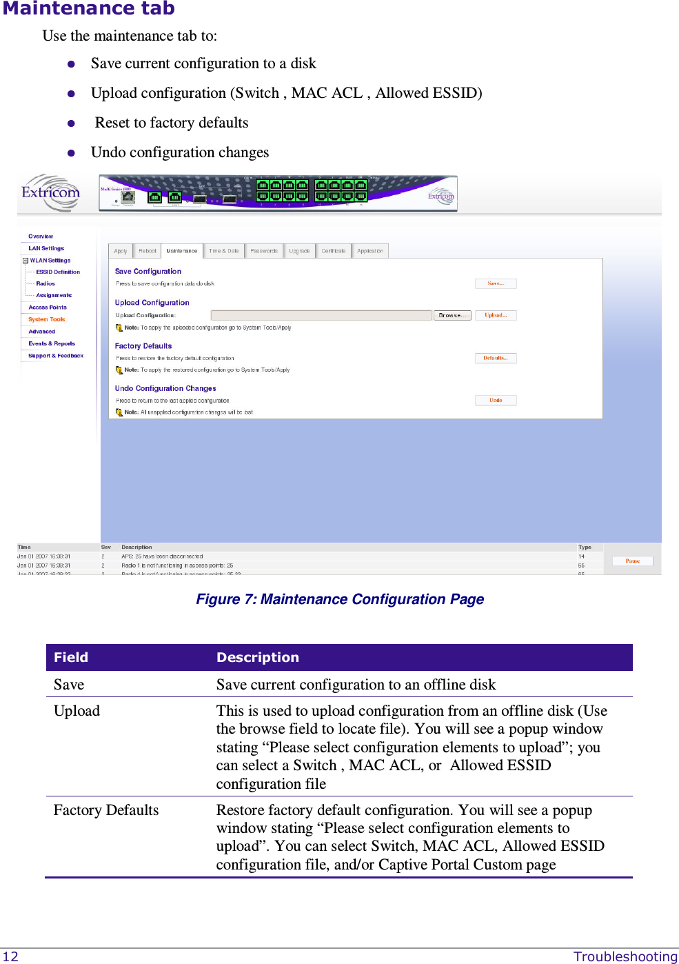  12    Troubleshooting Maintenance tab  Use the maintenance tab to:  Save current configuration to a disk  Upload configuration (Switch , MAC ACL , Allowed ESSID)    Reset to factory defaults   Undo configuration changes  Figure 7: Maintenance Configuration Page  Field  Description Save  Save current configuration to an offline disk  Upload  This is used to upload configuration from an offline disk (Use the browse field to locate file). You will see a popup window stating “Please select configuration elements to upload”; you can select a Switch , MAC ACL, or  Allowed ESSID configuration file Factory Defaults  Restore factory default configuration. You will see a popup window stating “Please select configuration elements to upload”. You can select Switch, MAC ACL, Allowed ESSID configuration file, and/or Captive Portal Custom page 