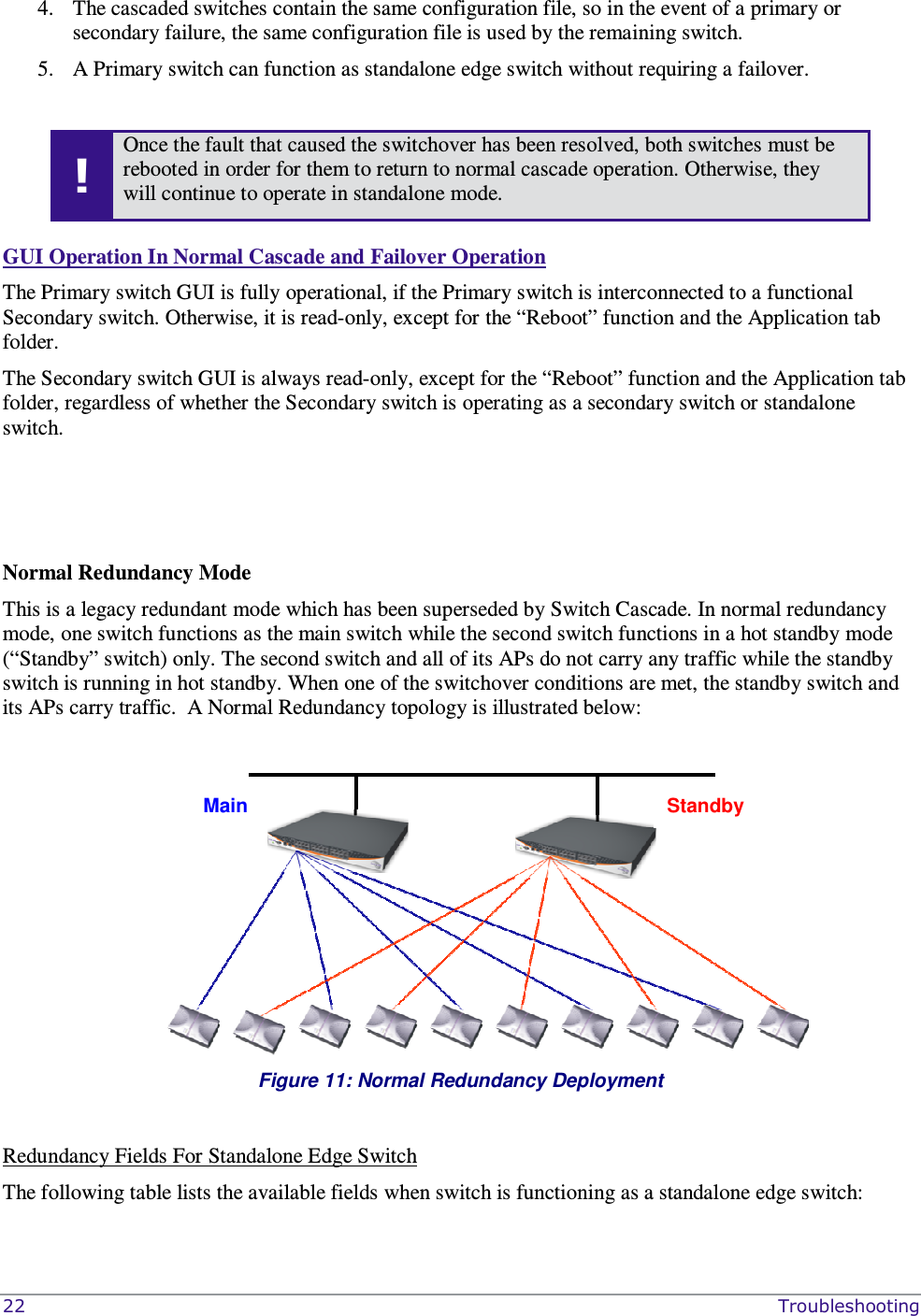  22    Troubleshooting 4. The cascaded switches contain the same configuration file, so in the event of a primary or secondary failure, the same configuration file is used by the remaining switch.  5. A Primary switch can function as standalone edge switch without requiring a failover.  ! Once the fault that caused the switchover has been resolved, both switches must be rebooted in order for them to return to normal cascade operation. Otherwise, they will continue to operate in standalone mode.   GUI Operation In Normal Cascade and Failover Operation The Primary switch GUI is fully operational, if the Primary switch is interconnected to a functional Secondary switch. Otherwise, it is read-only, except for the “Reboot” function and the Application tab folder. The Secondary switch GUI is always read-only, except for the “Reboot” function and the Application tab folder, regardless of whether the Secondary switch is operating as a secondary switch or standalone switch.    Normal Redundancy Mode This is a legacy redundant mode which has been superseded by Switch Cascade. In normal redundancy mode, one switch functions as the main switch while the second switch functions in a hot standby mode (“Standby” switch) only. The second switch and all of its APs do not carry any traffic while the standby switch is running in hot standby. When one of the switchover conditions are met, the standby switch and its APs carry traffic.  A Normal Redundancy topology is illustrated below:   Figure 11: Normal Redundancy Deployment   Redundancy Fields For Standalone Edge Switch The following table lists the available fields when switch is functioning as a standalone edge switch: Main Standby 