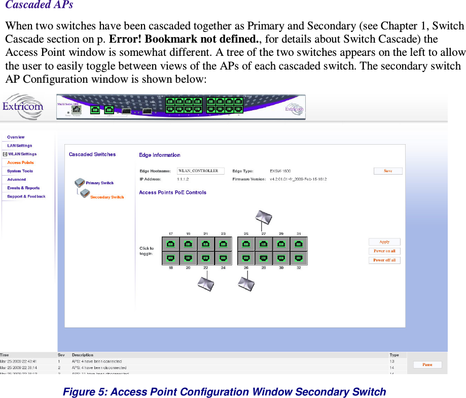  Cascaded APs When two switches have been cascaded together as Primary and Secondary (see Chapter 1, Switch Cascade section on p. Error! Bookmark not defined., for details about Switch Cascade) the Access Point window is somewhat different. A tree of the two switches appears on the left to allow the user to easily toggle between views of the APs of each cascaded switch. The secondary switch AP Configuration window is shown below:  Figure 5: Access Point Configuration Window Secondary Switch  